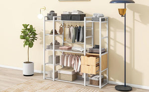 Open-Style Wardrobe with Hanging Rails, Shelves and Drawers, White - LamCham