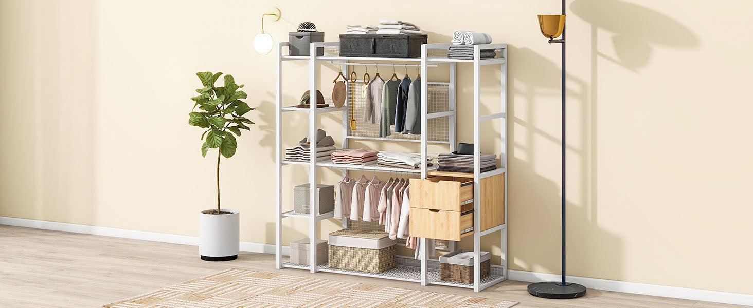 Open-Style Wardrobe with Hanging Rails, Shelves and Drawers, White - LamCham