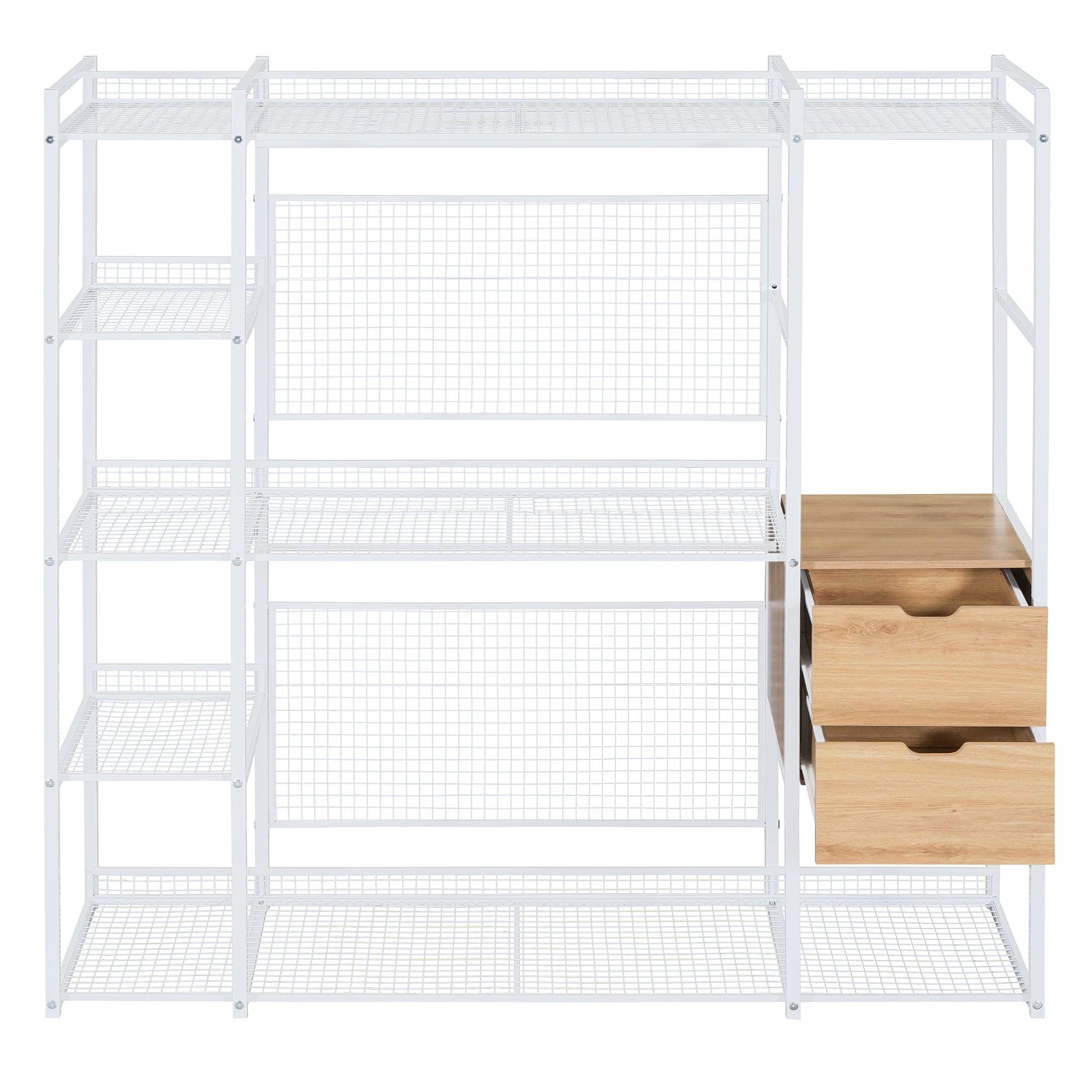 Open-Style Wardrobe with Hanging Rails, Shelves and Drawers, White - LamCham