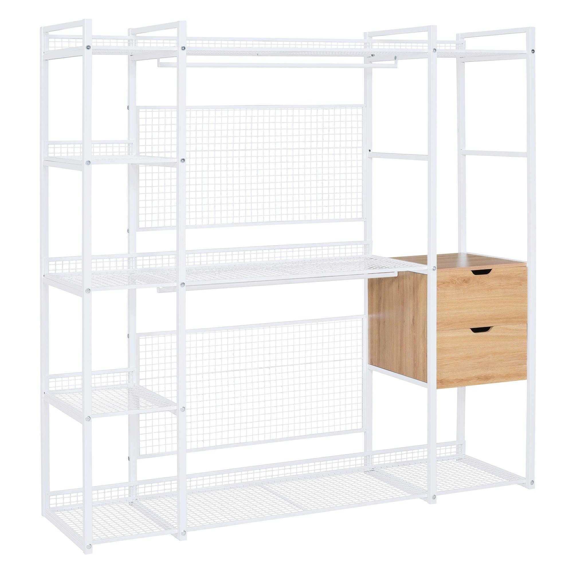 Open-Style Wardrobe with Hanging Rails, Shelves and Drawers, White - LamCham