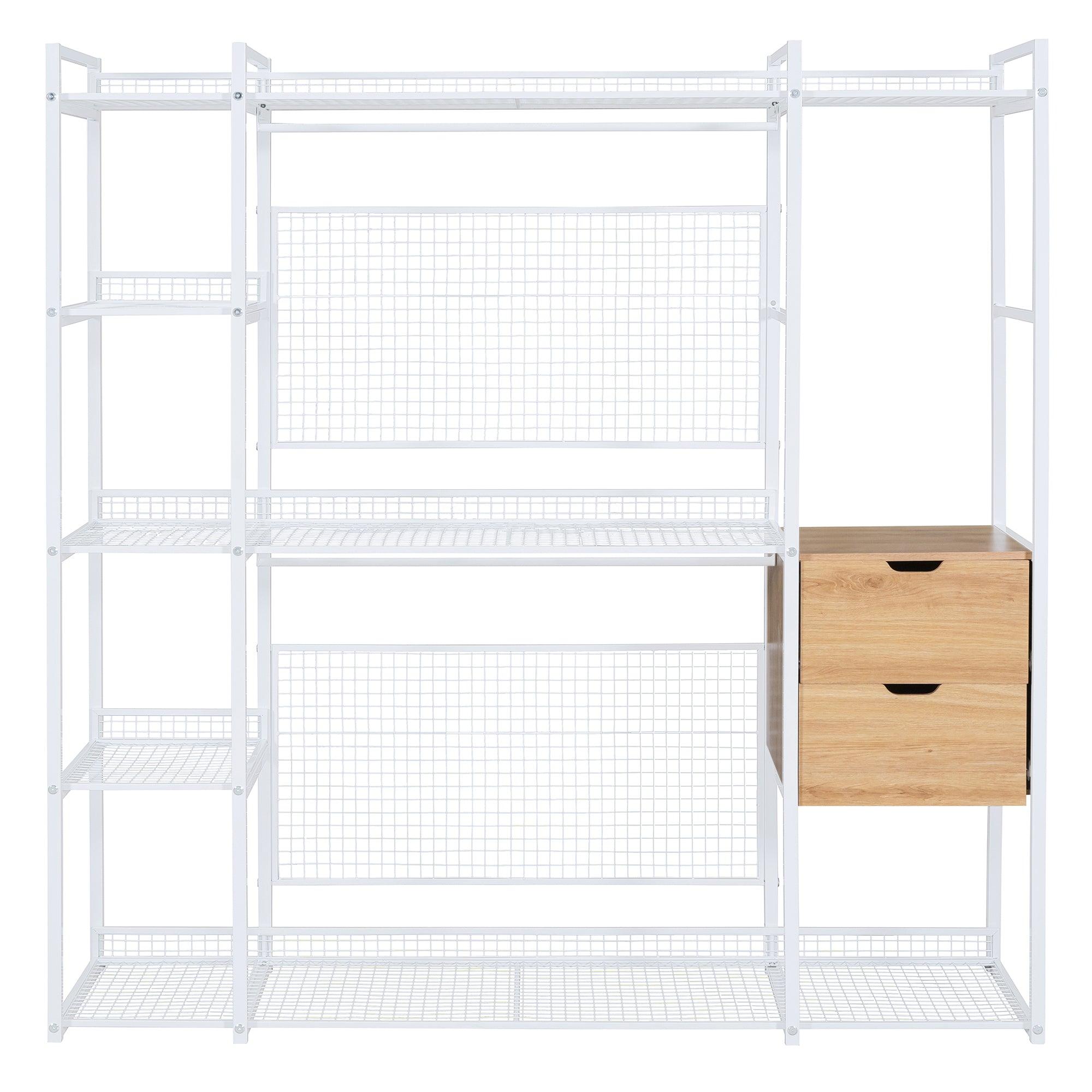 Open-Style Wardrobe with Hanging Rails, Shelves and Drawers, White - LamCham