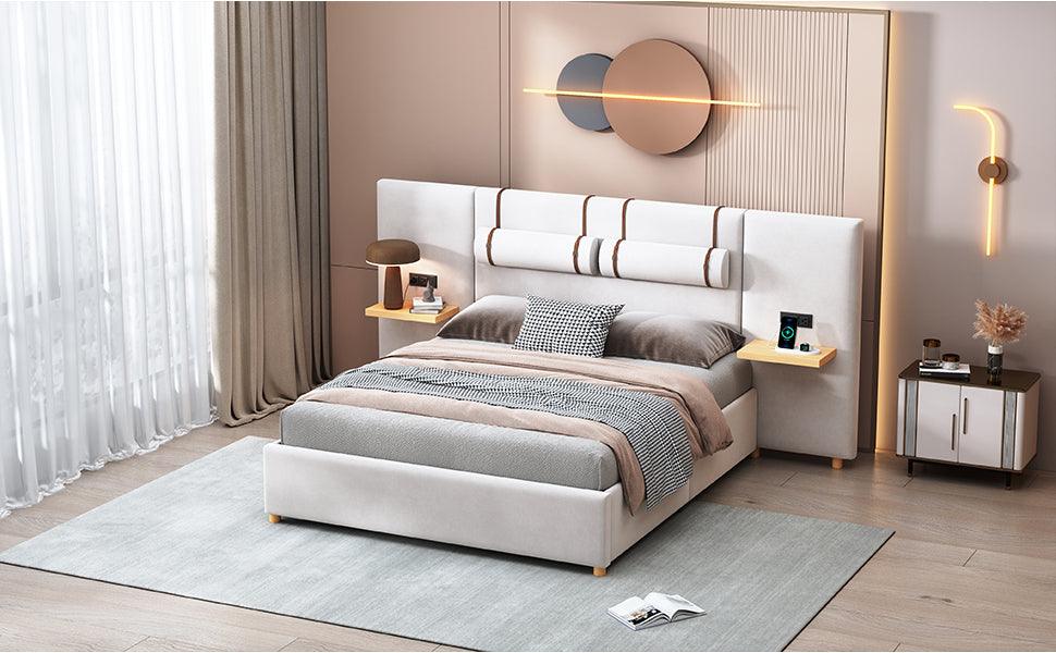 Queen Size Upholstered Platform Bed, Two Outlets and USB Charging Ports on Both Sides, Two Bedside Pillows, Storage Shelves,Velvet, Beige - LamCham