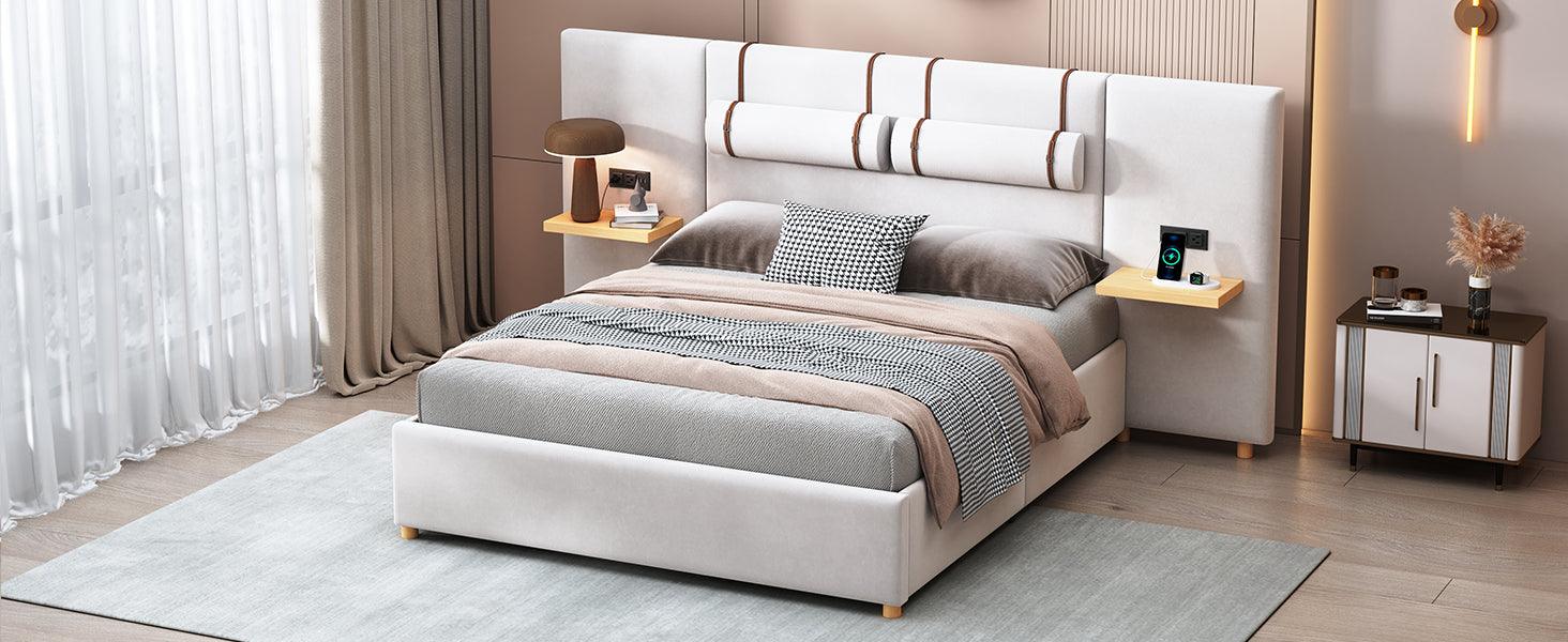 Queen Size Upholstered Platform Bed, Two Outlets and USB Charging Ports on Both Sides, Two Bedside Pillows, Storage Shelves,Velvet, Beige - LamCham