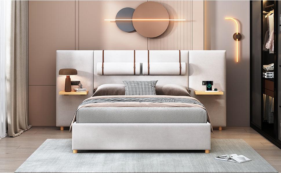 Queen Size Upholstered Platform Bed, Two Outlets and USB Charging Ports on Both Sides, Two Bedside Pillows, Storage Shelves,Velvet, Beige - LamCham