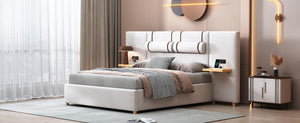 Queen Size Upholstered Platform Bed, Two Outlets and USB Charging Ports on Both Sides, Two Bedside Pillows, Storage Shelves,Velvet, Beige - LamCham