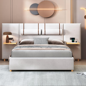 Queen Size Upholstered Platform Bed, Two Outlets and USB Charging Ports on Both Sides, Two Bedside Pillows, Storage Shelves,Velvet, Beige - LamCham