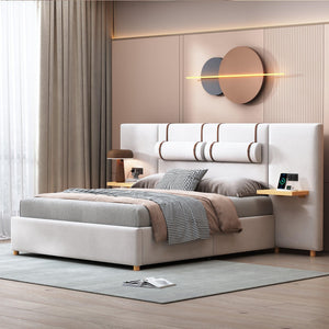 Queen Size Upholstered Platform Bed, Two Outlets and USB Charging Ports on Both Sides, Two Bedside Pillows, Storage Shelves,Velvet, Beige - LamCham