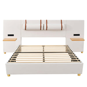 Queen Size Upholstered Platform Bed, Two Outlets and USB Charging Ports on Both Sides, Two Bedside Pillows, Storage Shelves,Velvet, Beige - LamCham