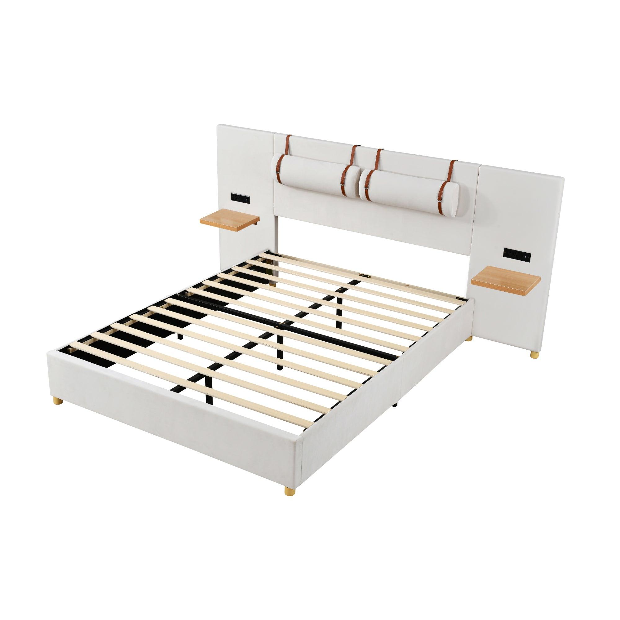 Queen Size Upholstered Platform Bed, Two Outlets and USB Charging Ports on Both Sides, Two Bedside Pillows, Storage Shelves,Velvet, Beige - LamCham