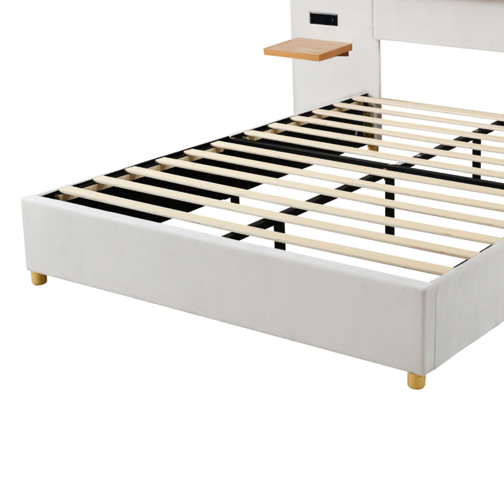 Queen Size Upholstered Platform Bed, Two Outlets and USB Charging Ports on Both Sides, Two Bedside Pillows, Storage Shelves,Velvet, Beige - LamCham