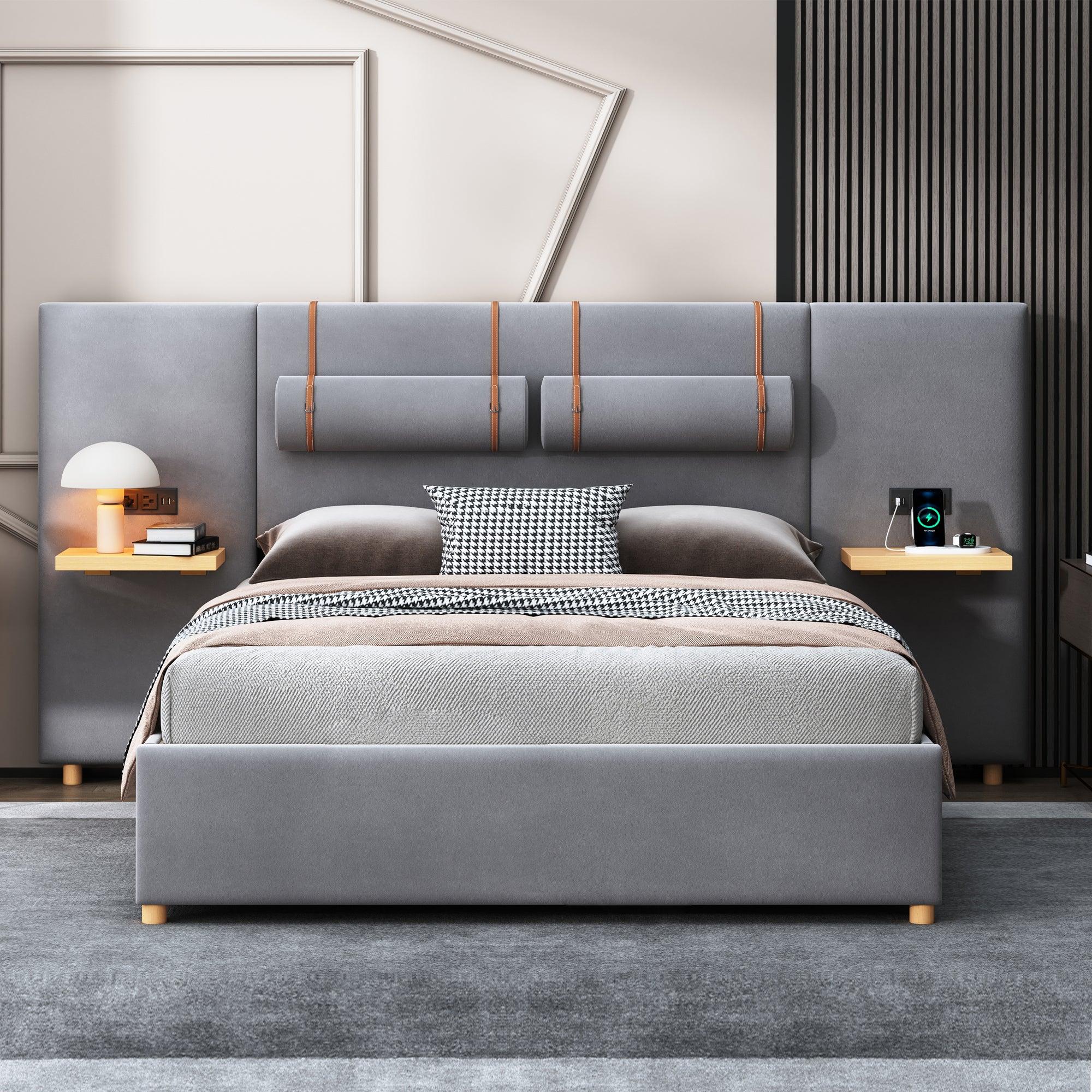 Queen Upholstered Platform Bed, Two Outlets and USB Charging Ports on Both Sides, Two Bedside Pillows, Storage Shelves, Velvet, Gray - LamCham