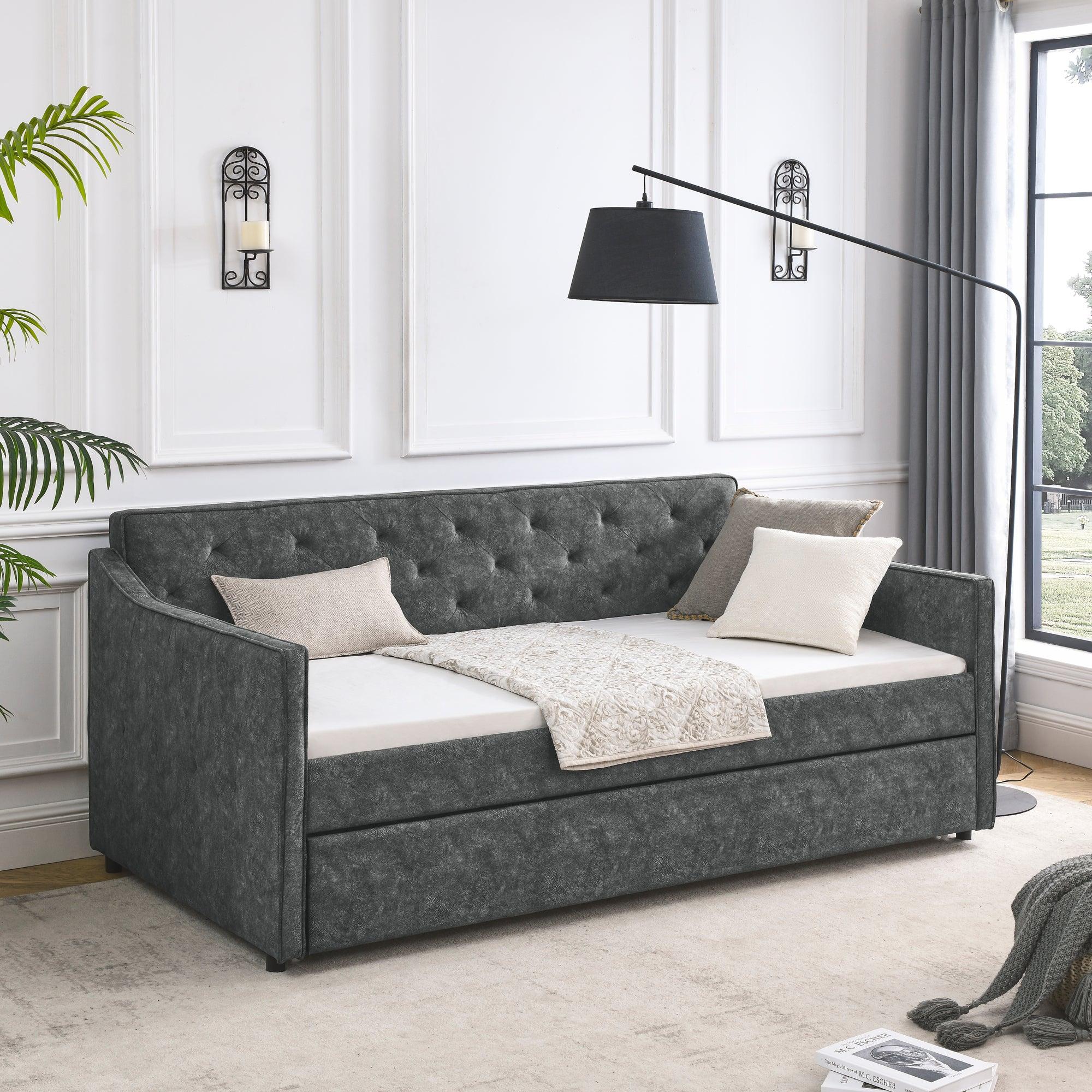 🆓🚛 Twin Size Daybed With Twin Size Trundle Upholstered Tufted Sofa Bed, Waved Shape Arms, Gray (80.5" X44.5" X33.5" )