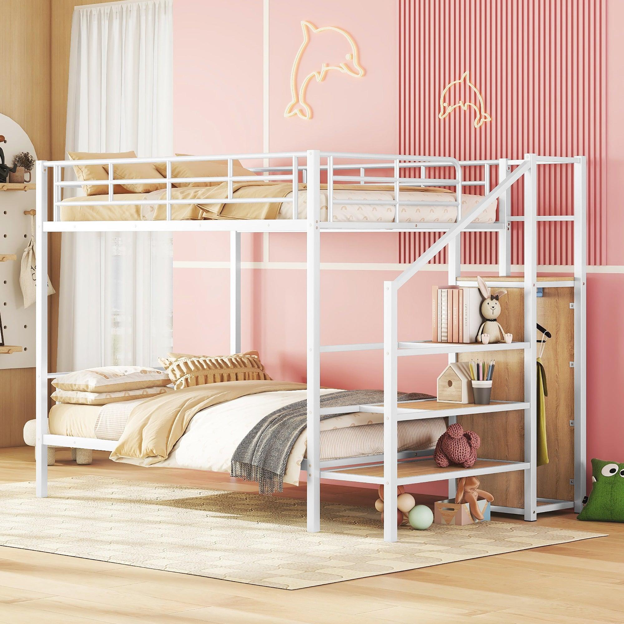 🆓🚛 Full Over Full Metal Bunk Bed With Lateral Storage Ladder & Wardrobe, White