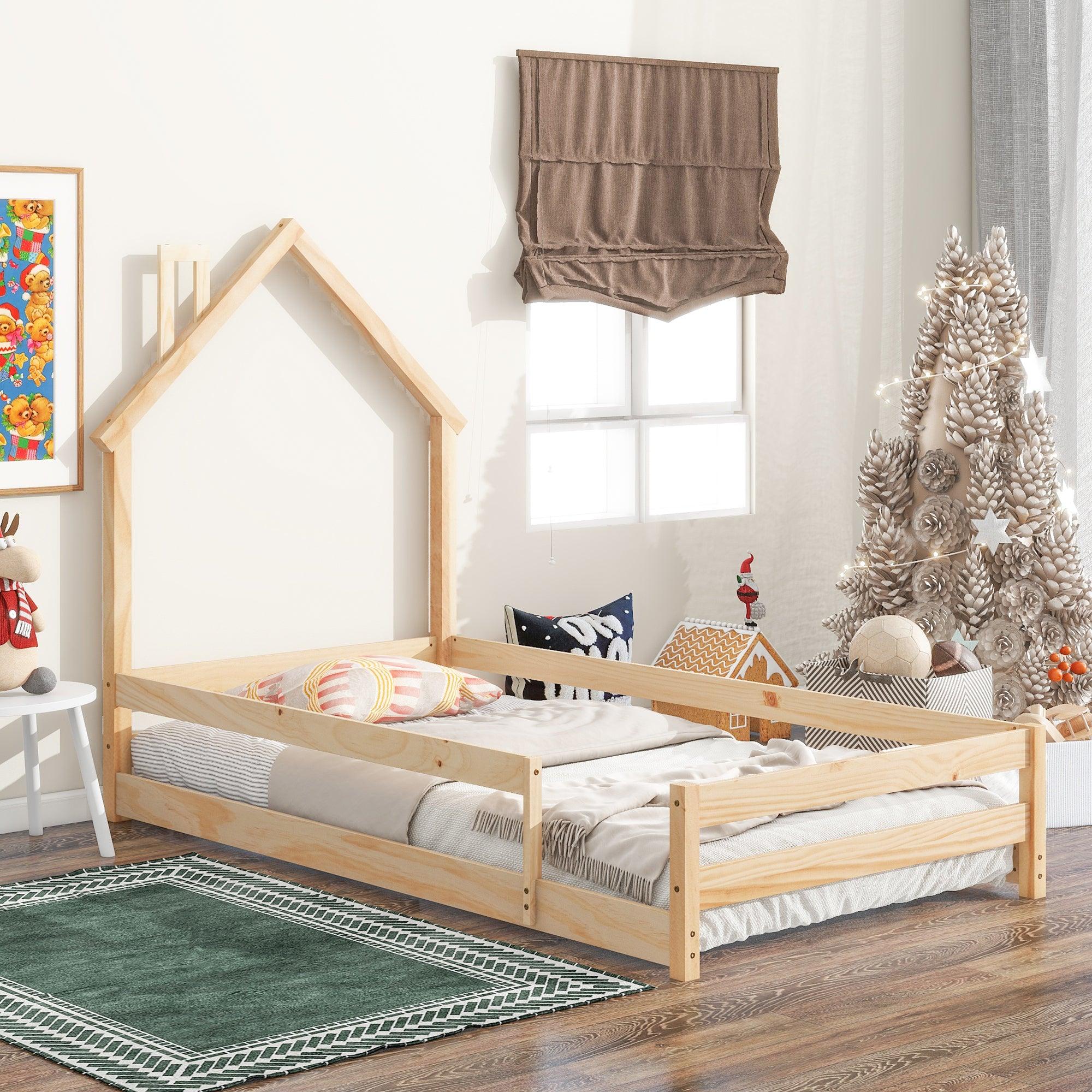 🆓🚛 Twin Size Wood Bed With House-Shaped Headboard Floor Bed With Fences, Natural