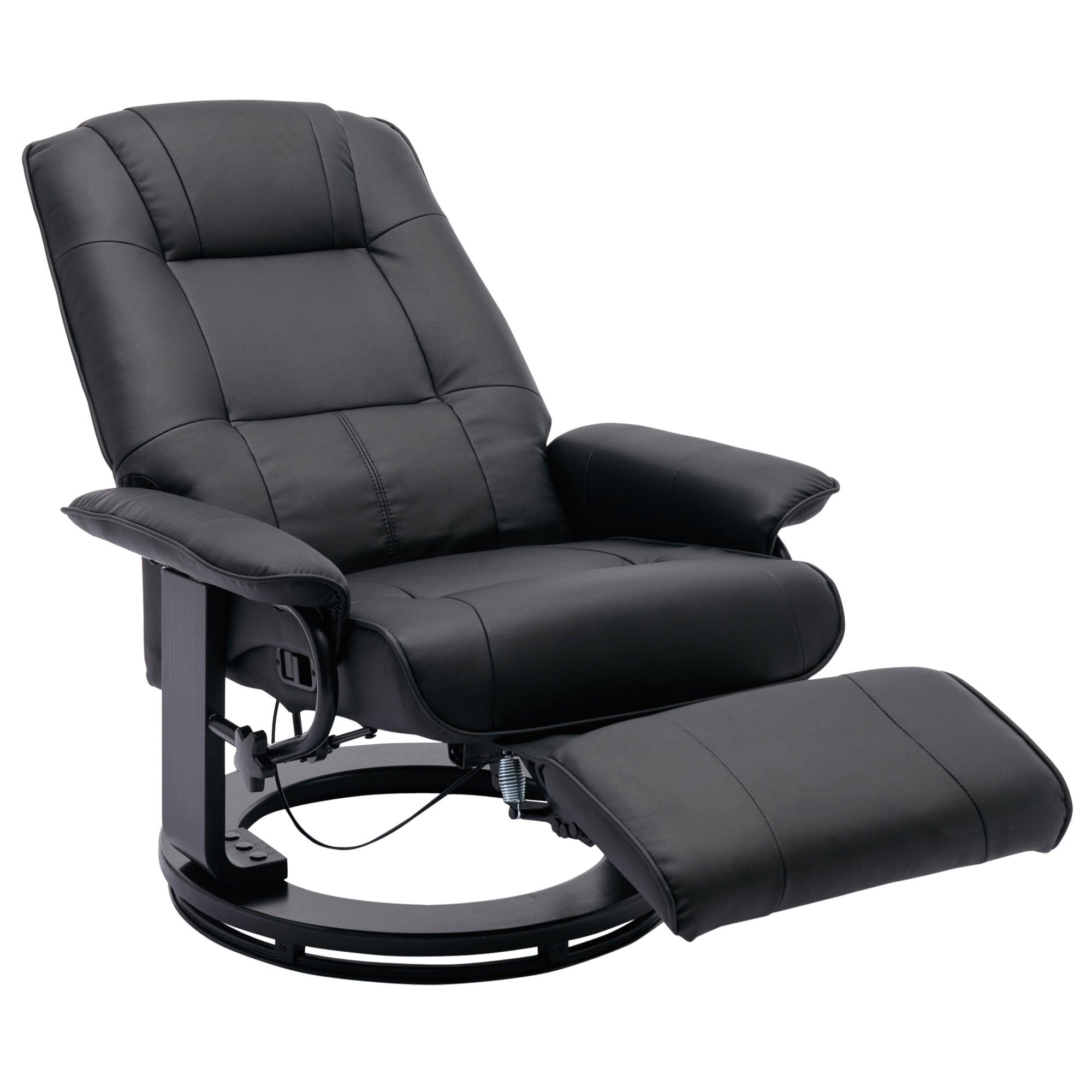 🆓🚛 Faux Leather Manual Recliner, Adjustable Swivel Lounge Chair With Footrest, Can Rotate 360 Degrees, L-Right Angle Curved Wooden Frame, Armrest & Wrapped Wood Base for Living Room, Black