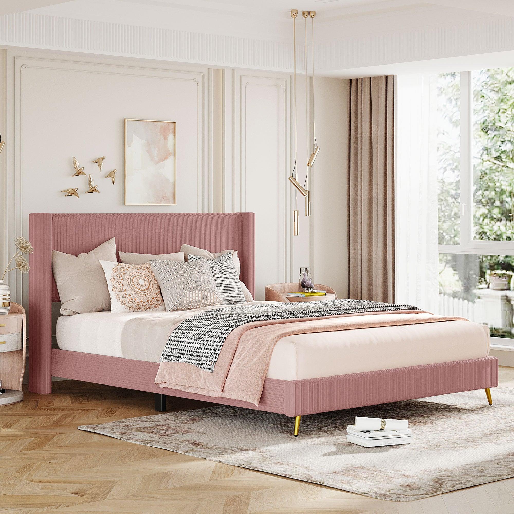 🆓🚛 Queen Size Corduroy Platform Bed With Metal Legs, Pink