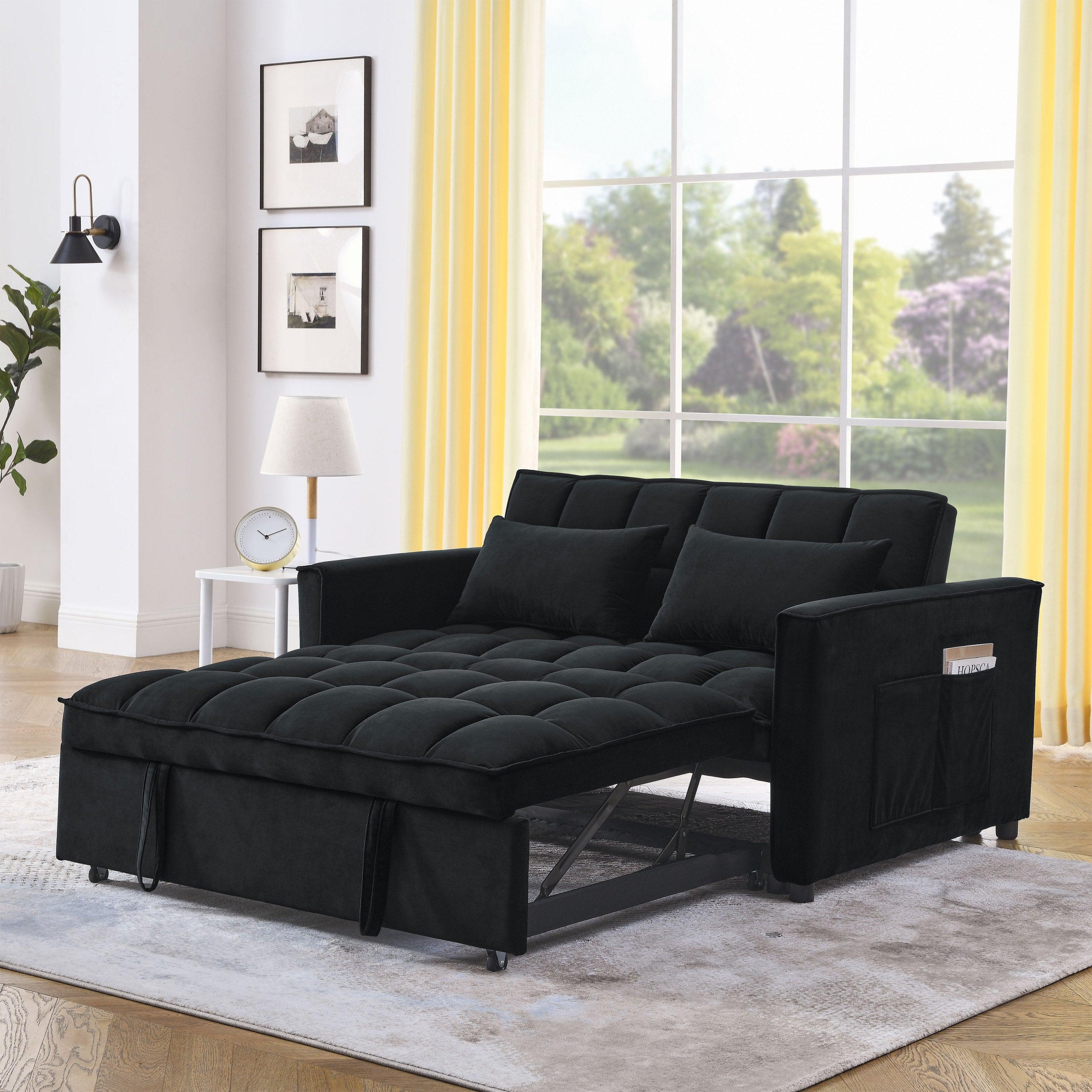 🆓🚛 Sleeper Sofa, Convertible Sofa, Recliner, Bed, 3-in-1, 3-Position Adjustable Backrest, 2-Seater Sectional, Two Side Pockets, 2 Pillows for Living Room, Apartment, Etc., Velvet Black 54" Wide.