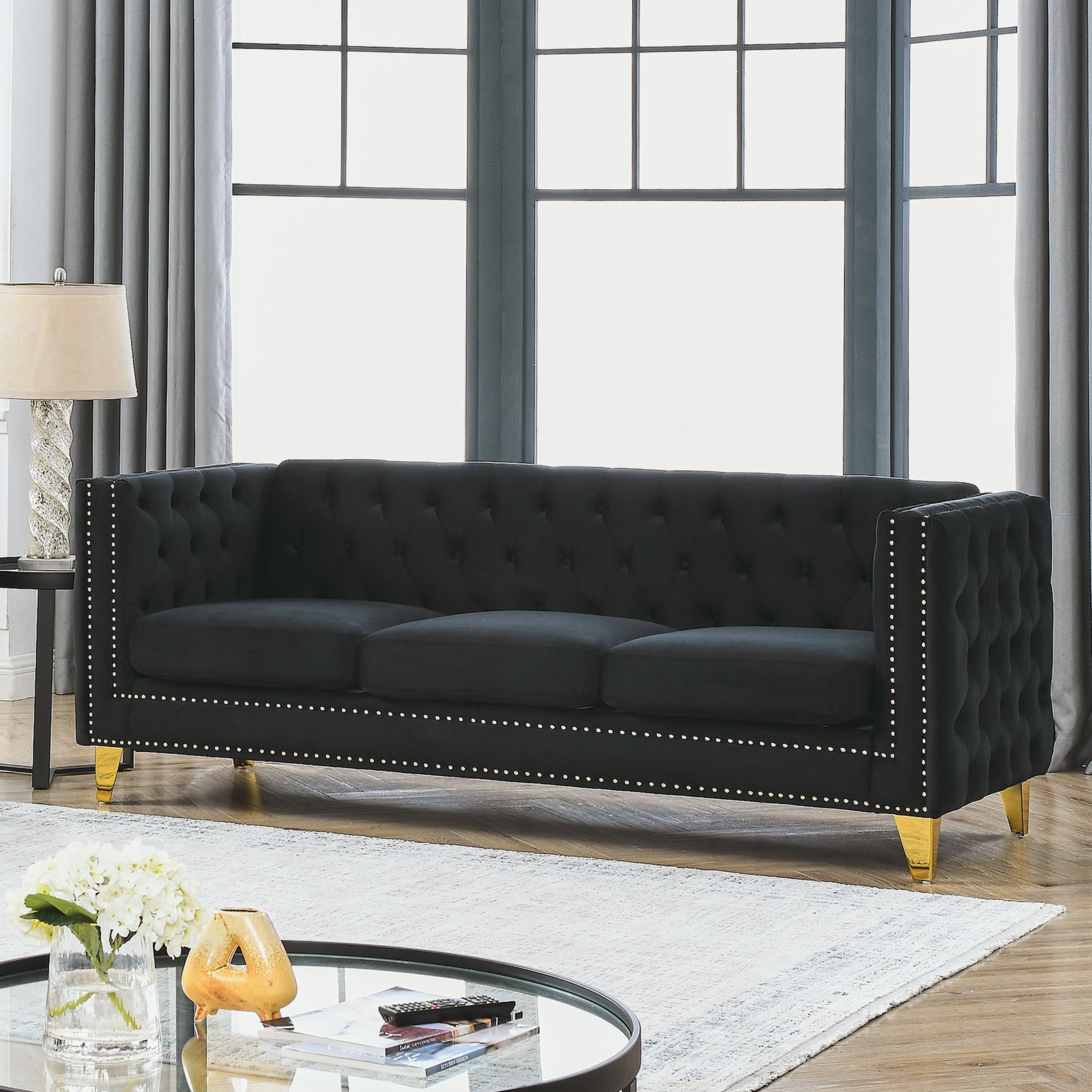 🆓🚛 80.5" 3 Seater Velvet Sofa for Living Room, Buttons Tufted Square Arm Couch, Modern Couch Upholstered Button & Metal Legs, Sofa Couch for Bedroom, Black