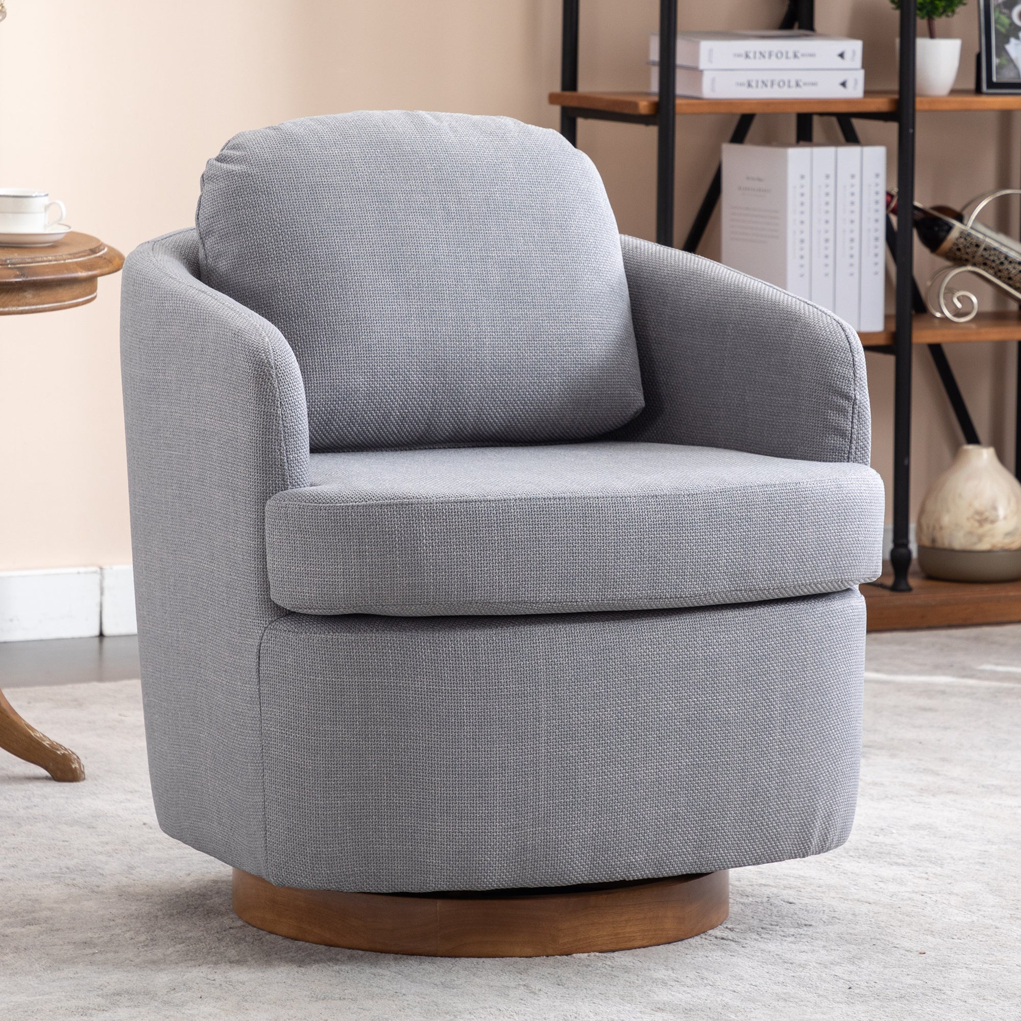 🆓🚛 Linen Fabric Swivel Accent Chair With Soild Wood Round Brown Base Leg, Light Blue
