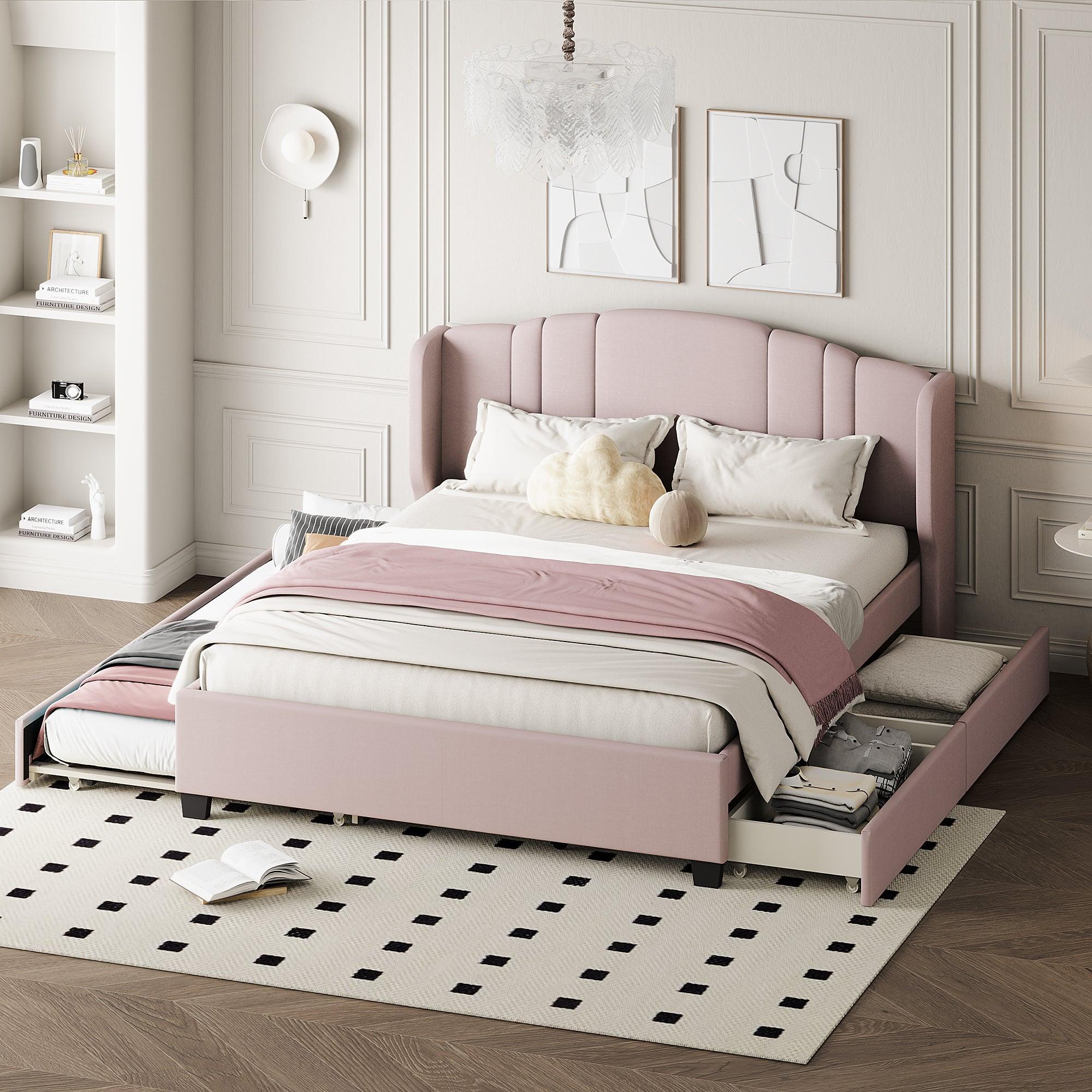 🆓🚛 Upholstered Platform Bed With Wingback Headboard, One Twin Trundle and 2 Drawers, No Box Spring Needed, Linen Fabric, Queen Size Pink