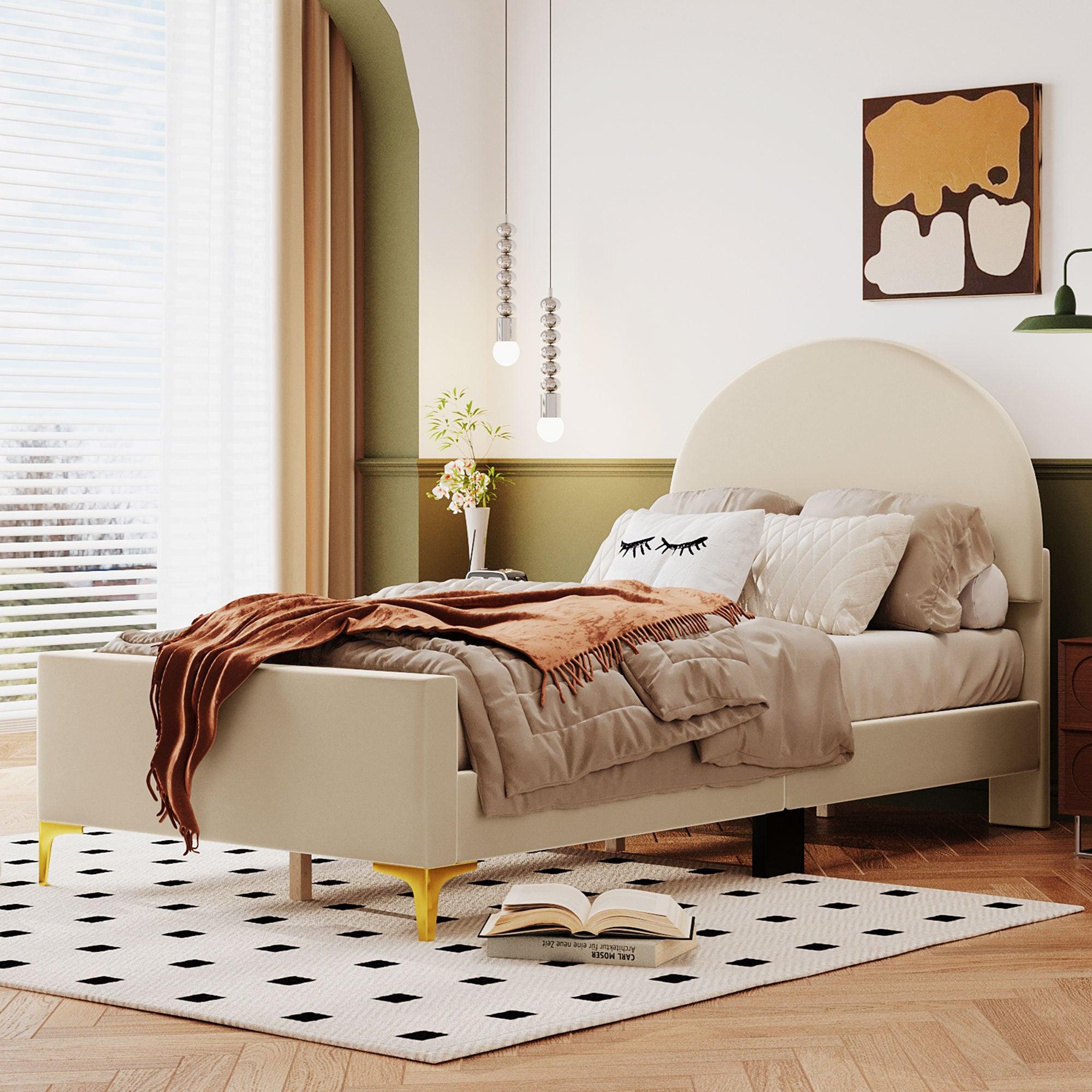 🆓🚛 Twin Size Upholstered Platform Bed With Classic Semi-Circle Shaped Headboard & Mental Legs, Velvet, Beige