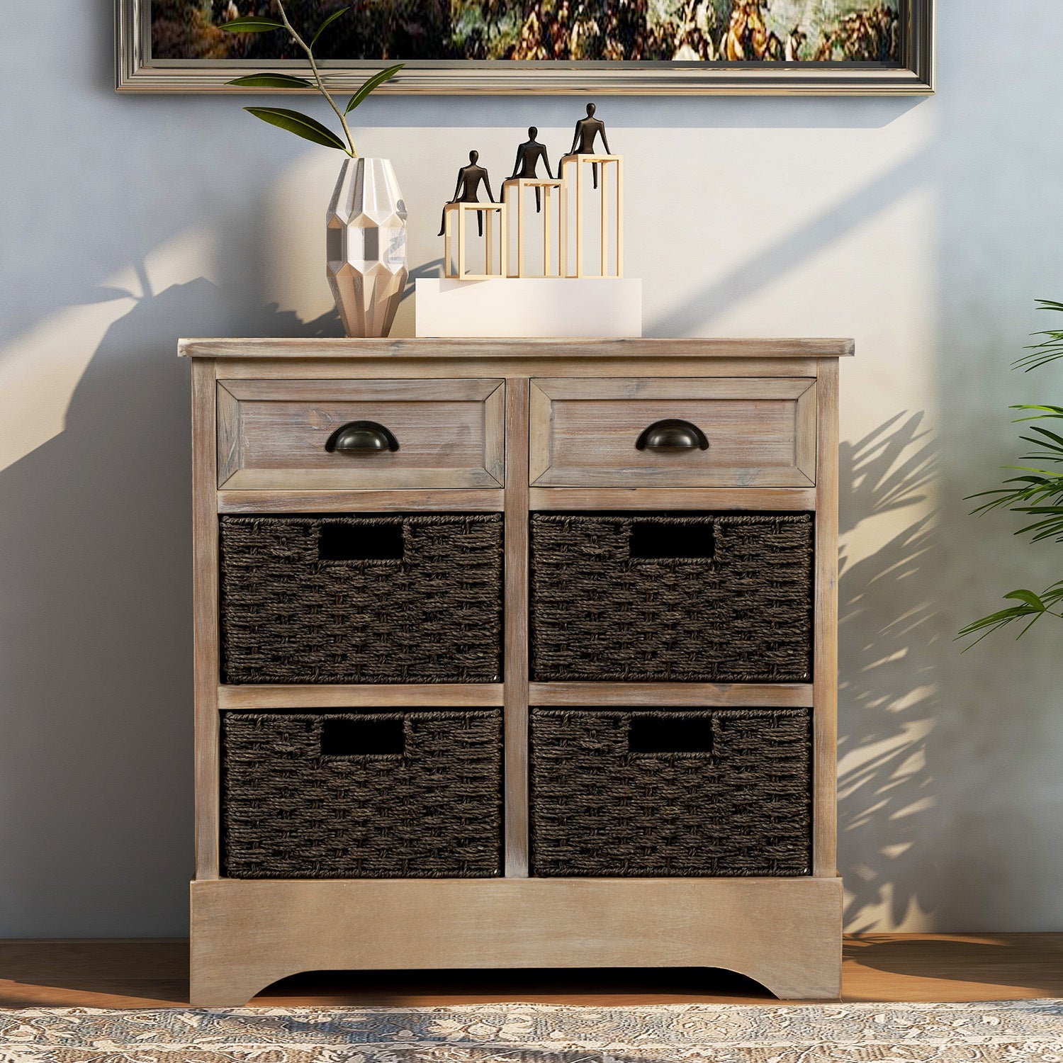 🆓🚛 Rustic Storage Cabinet With Two Drawers and Four Classic Rattan Basket for Dining Room/Living Room (White Washed)