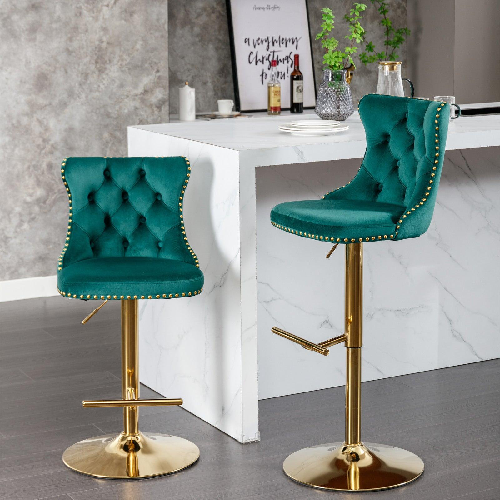 🆓🚛 Golden Swivel Velvet Barstools Adjusatble Seat Height From 25-33 Inch, Modern Upholstered Bar Stools With Backs Comfortable Tufted for Home Pub & Kitchen Island, Green, Set Of 2）