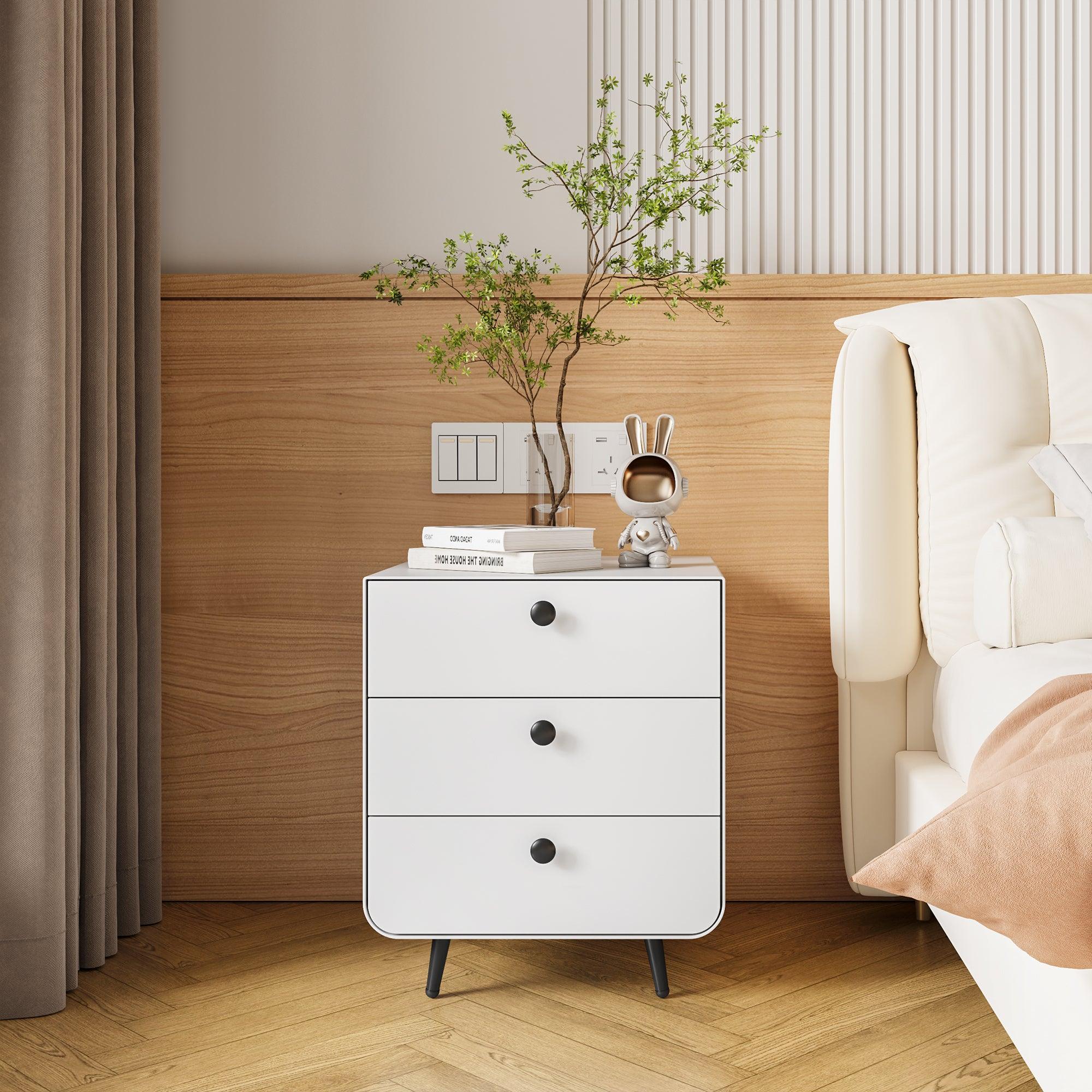 🆓🚛 Modern Night Stand Storage Cabinet for Living Room Bedroom, Steel Cabinet With 3 Drawers, Bedside Furniture, Circular Handle