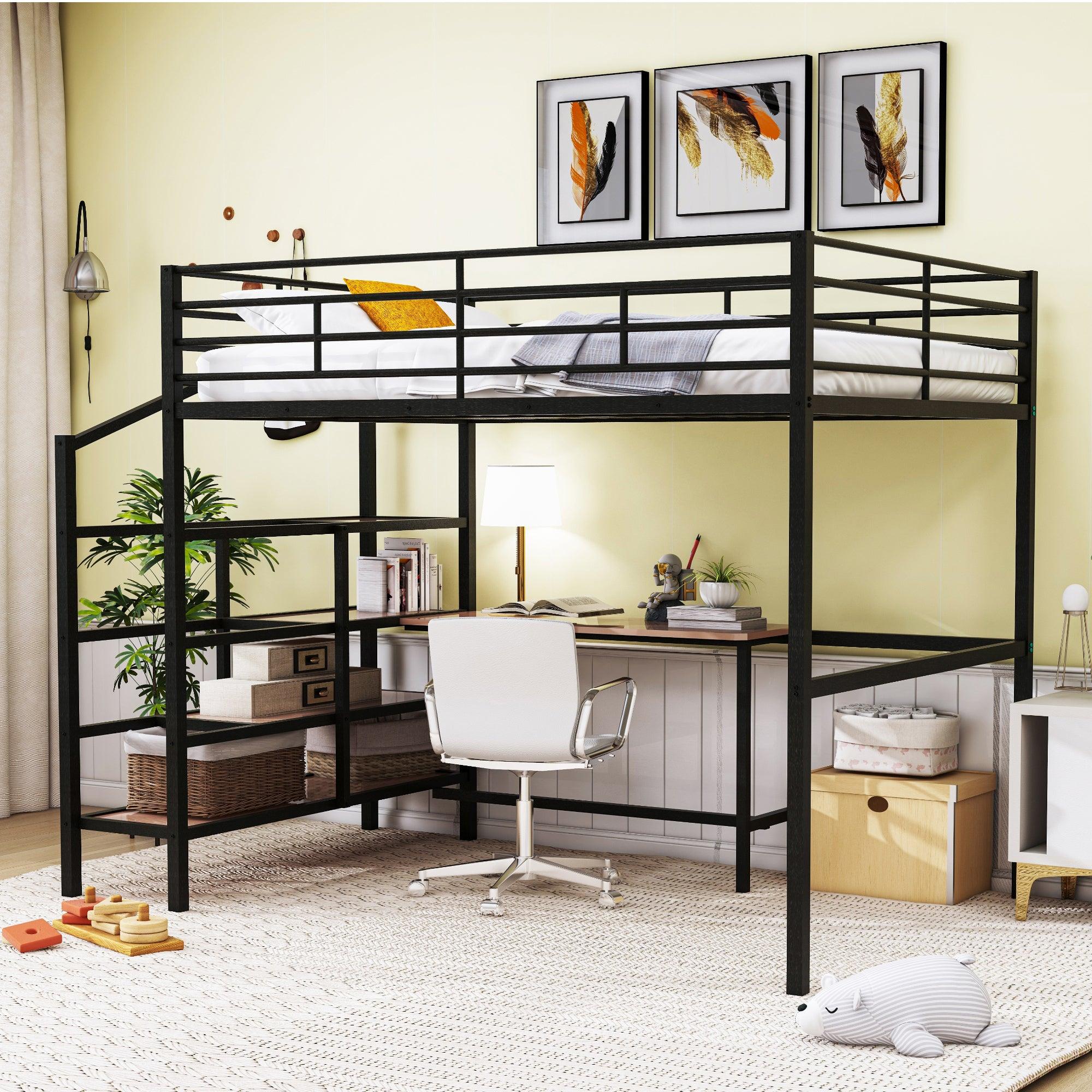 Full Size Metal Loft Bed with Desk and Lateral Storage Ladder, Black