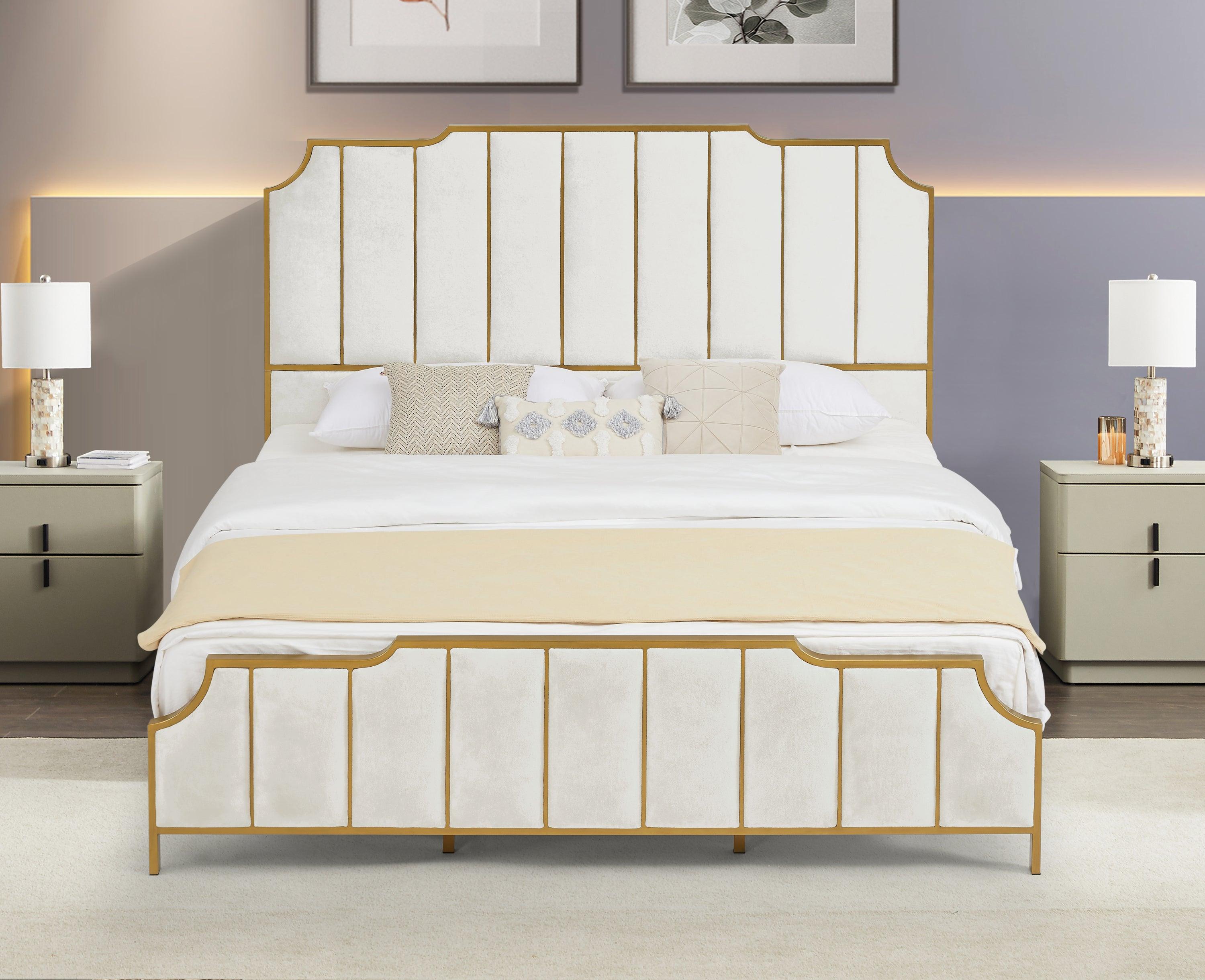 🆓🚛 King Size Bed Frame, Upholstered Platform Bed & High Headboard With Wood Slat Support, No Box Spring Needed, Easy Assembly, Velvet White