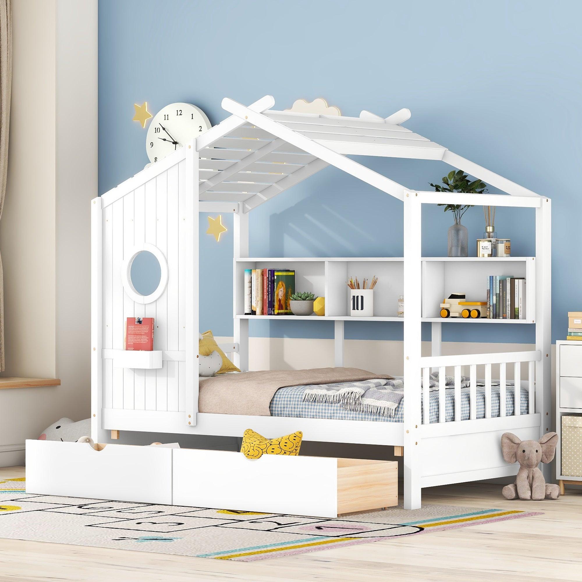 🆓🚛 Wooden Twin Size House Bed With 2 Drawers, Kids Bed With Storage Shelf, White