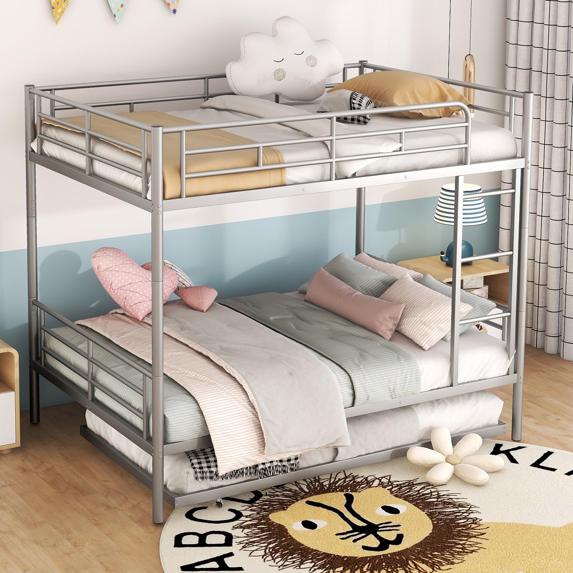 🆓🚛 Full Over Full Metal Bunk Bed With Trundle, Silver