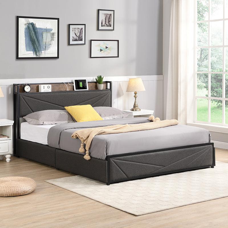 🆓🚛 Queen Bed Frame, Storage Headboard With Charging Station, Solid and Stable, Noise Free, Dark Gray