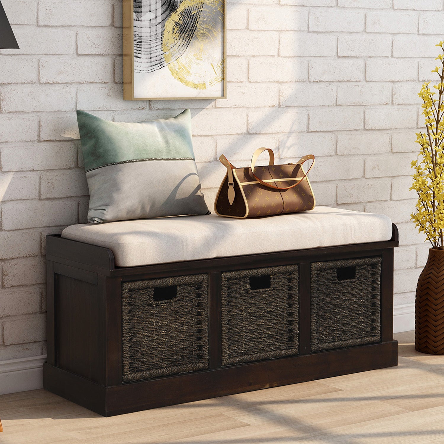 🆓🚛 Rustic Storage Bench With 3 Removable Classic Rattan Basket, Entryway Bench With Removable Cushion (Espresso)