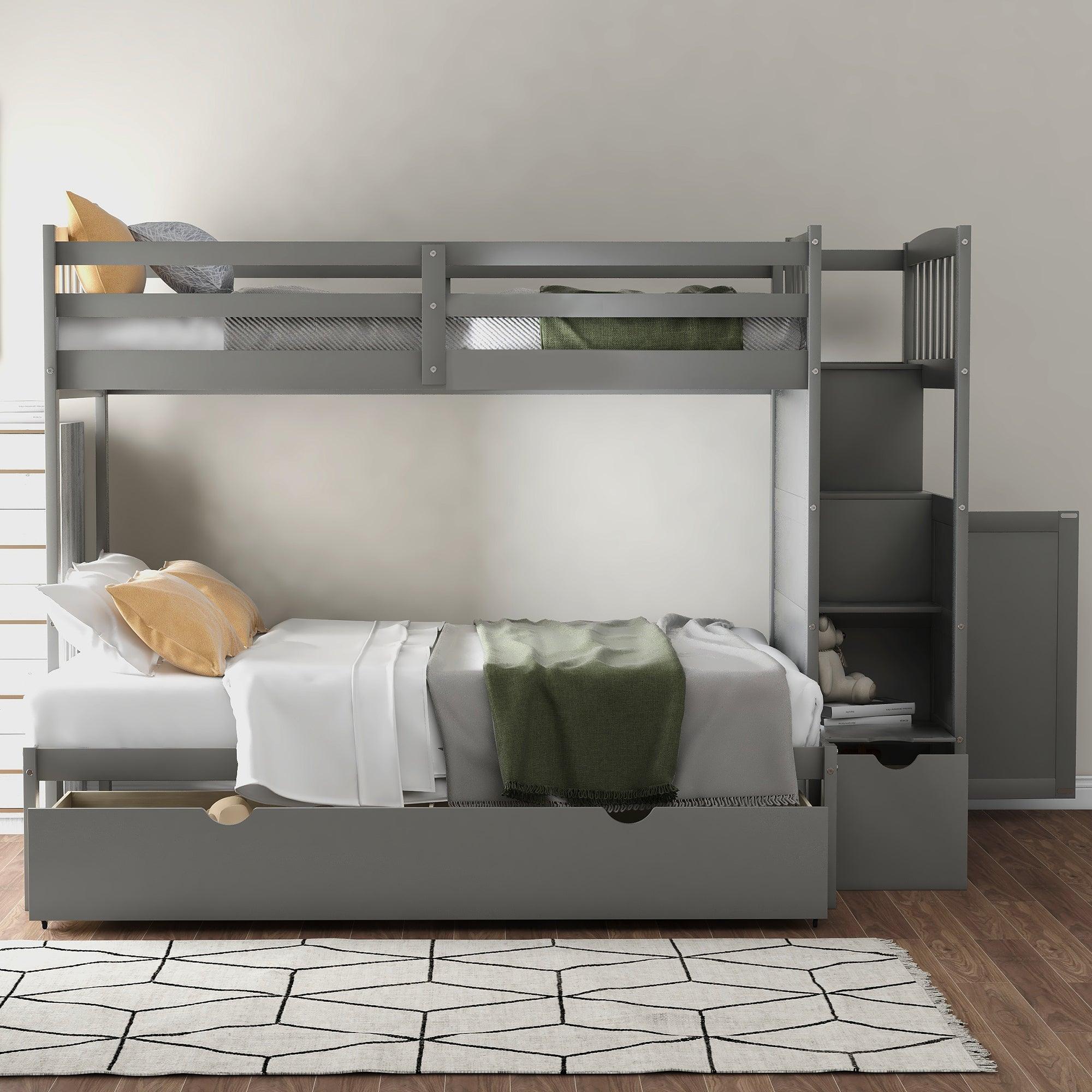 🆓🚛 Twin Over Full/Twin Bunk Bed, Convertible Bottom Bed, Storage Shelves & Drawers, Gray