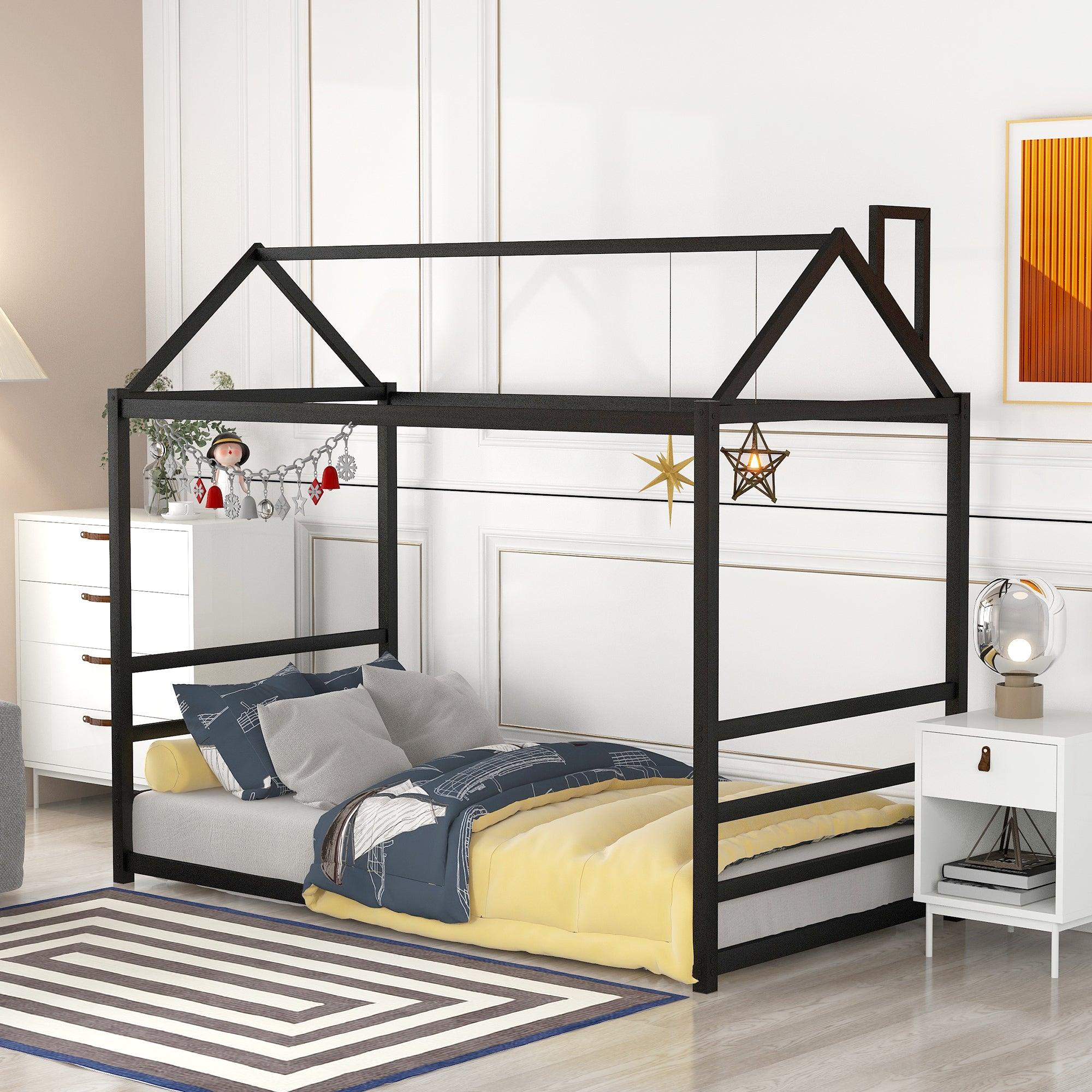 🆓🚛 House Platform Bed With Roof and Chimney Design, Black