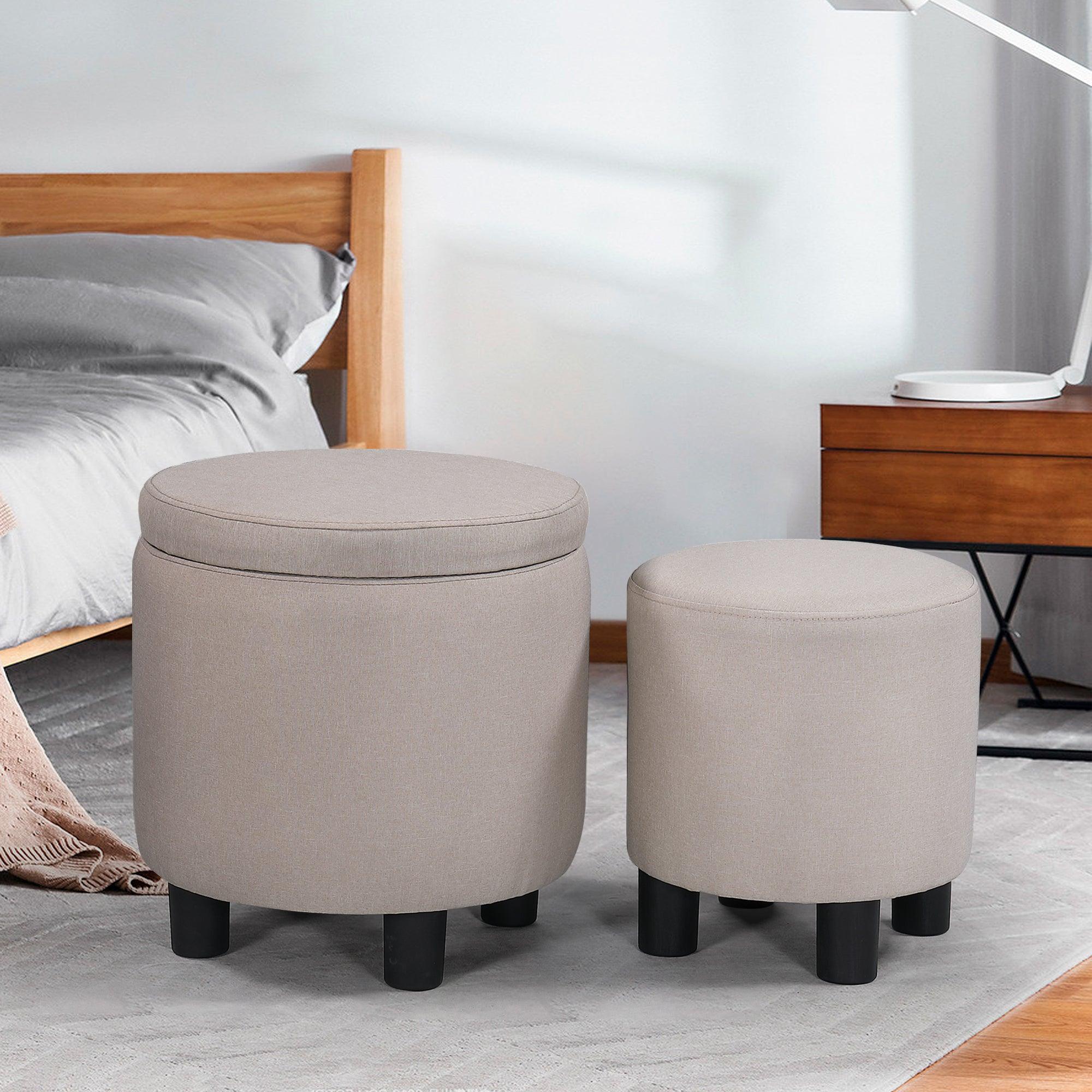 🆓🚛 Upholstered Round Fabric Tufted Footrest 1+1 Ottoman, Ottoman With Storage for Living Room & Bedroom, Decorative Home Furniture, Beige