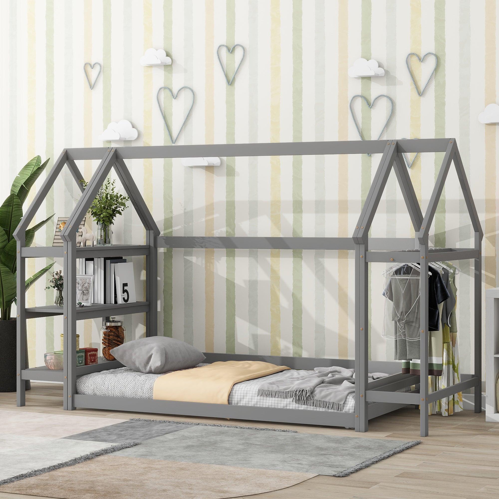 🆓🚛 Twin House-Shaped Floor Bed With 2 Detachable Stands, Gray