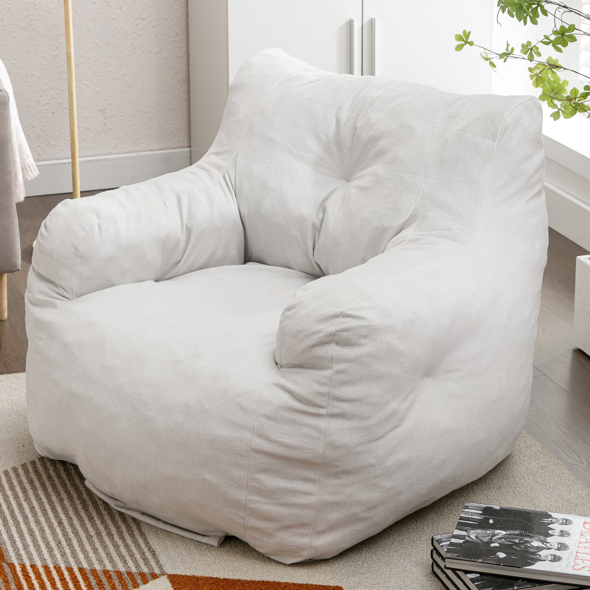 🆓🚛 Soft Cotton Linen Fabric Bean Bag Chair Filled With Memory Sponge, Ivory