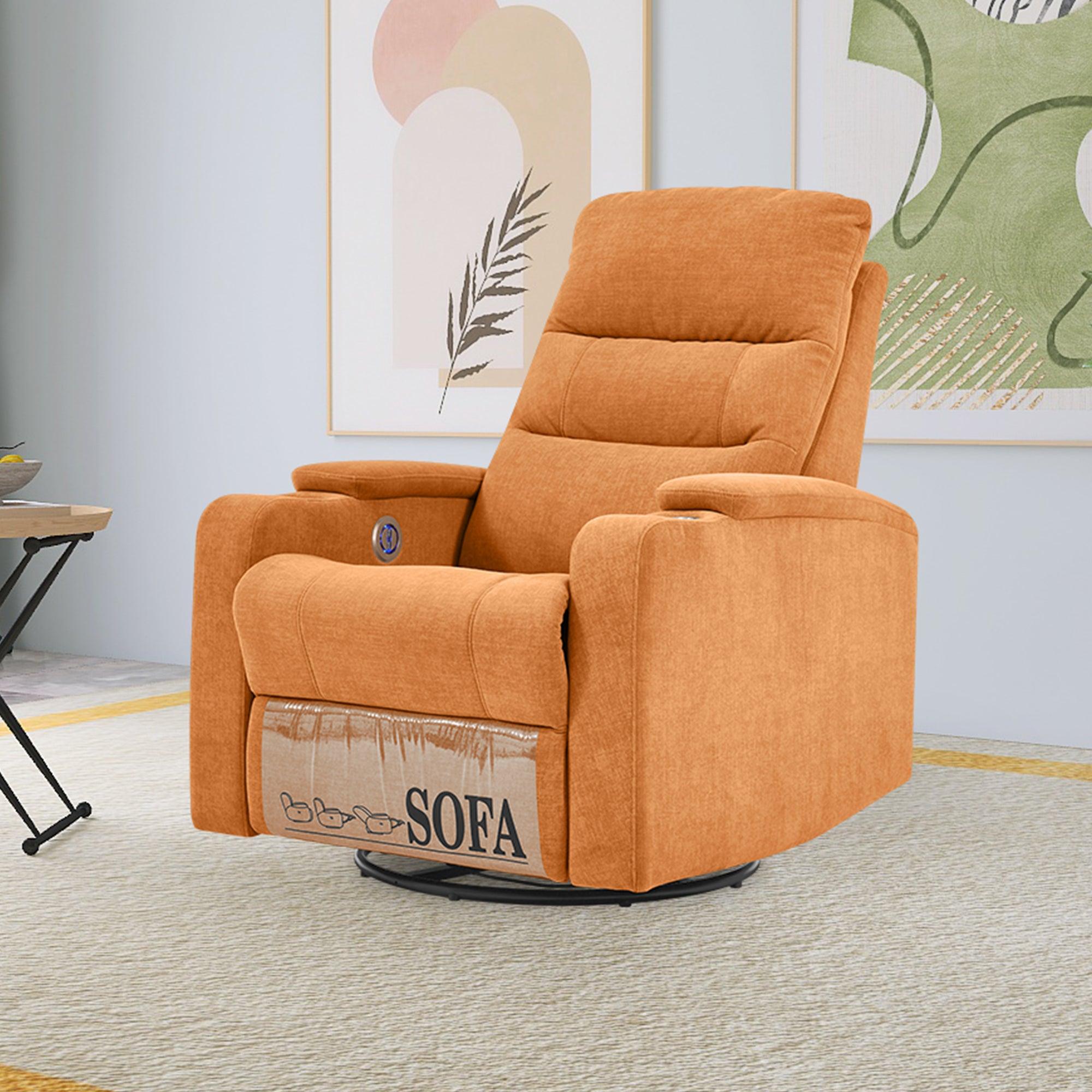 🆓🚛 Swivel Rocking Recliner Sofa Chair With Usb Charge Port & Cup Holder for Living Room, Bedroom, Light Orange