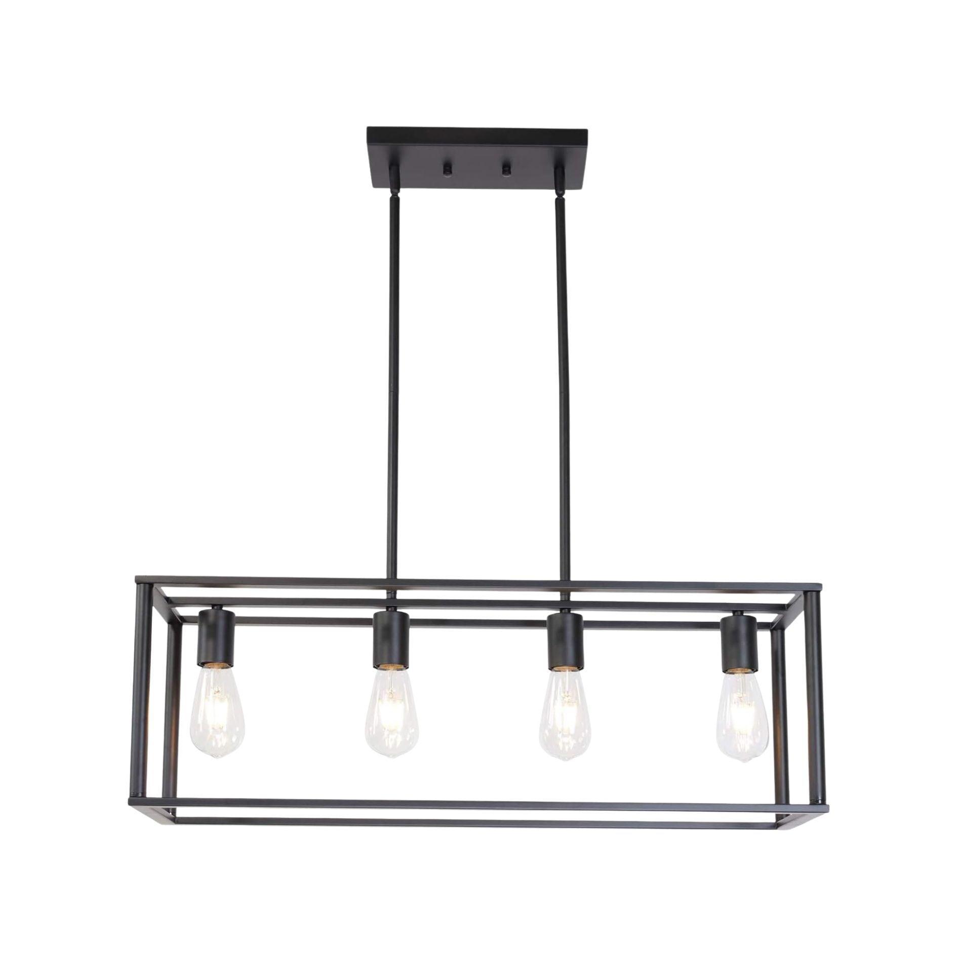 🆓🚛 Pendant Lighting 4 Light Industrial Vintage Open Frame Rectangle Chandeliers Modern Black Linear Cage Ceiling Light Fixture