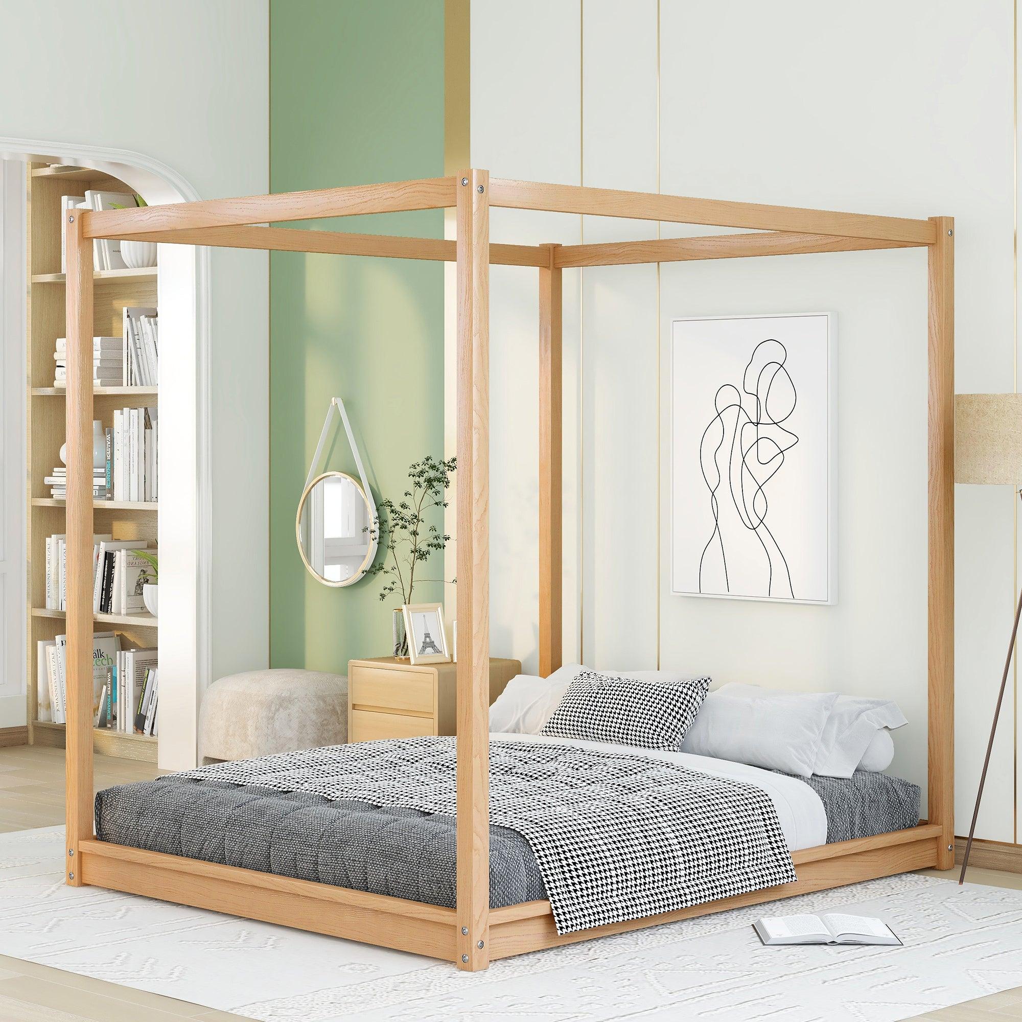 🆓🚛 Queen Size Canopy Platform Bed With Support Legs, Natural