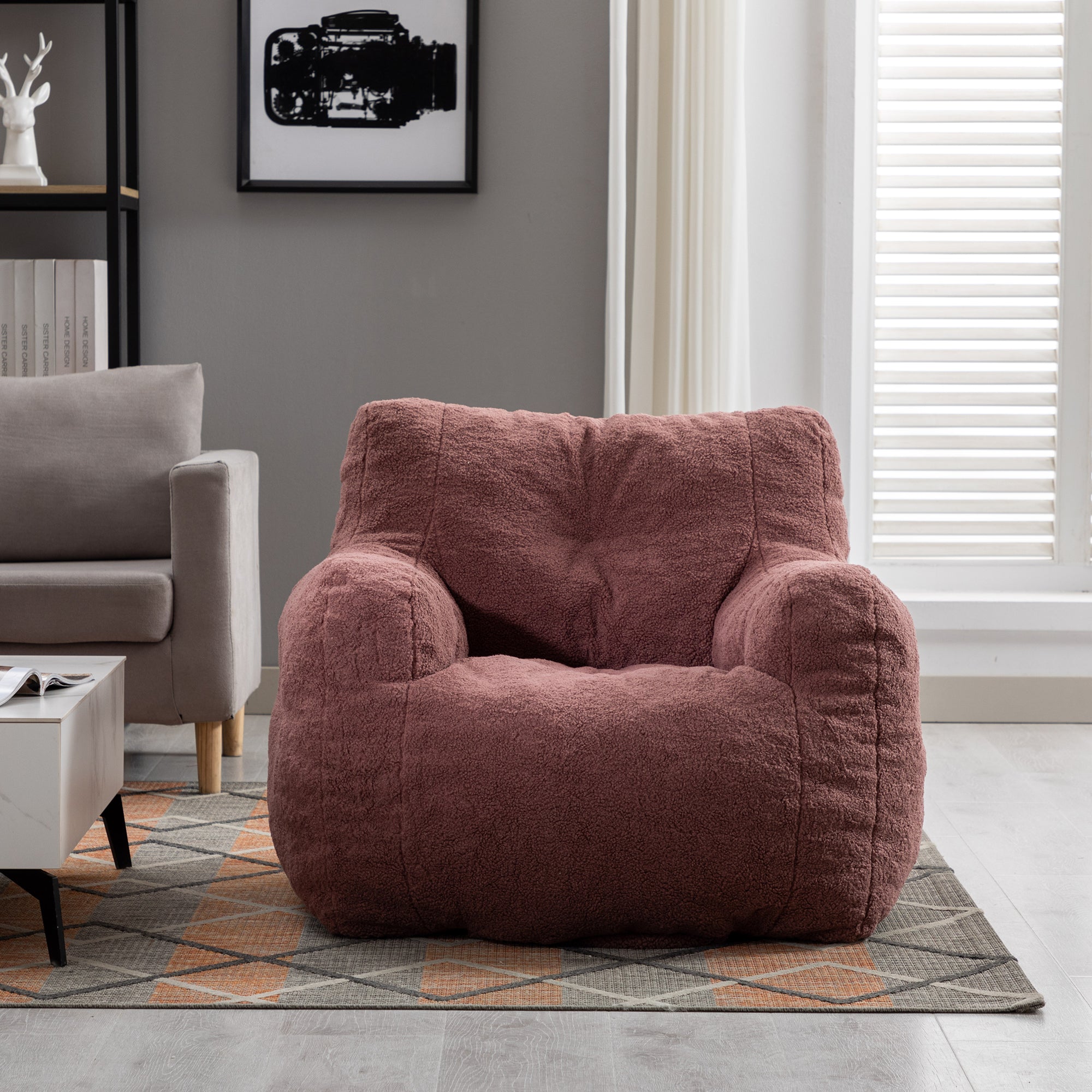 🆓🚛 Soft Tufted Foam Bean Bag Chair With Teddy Fabric, Bean Paste Red