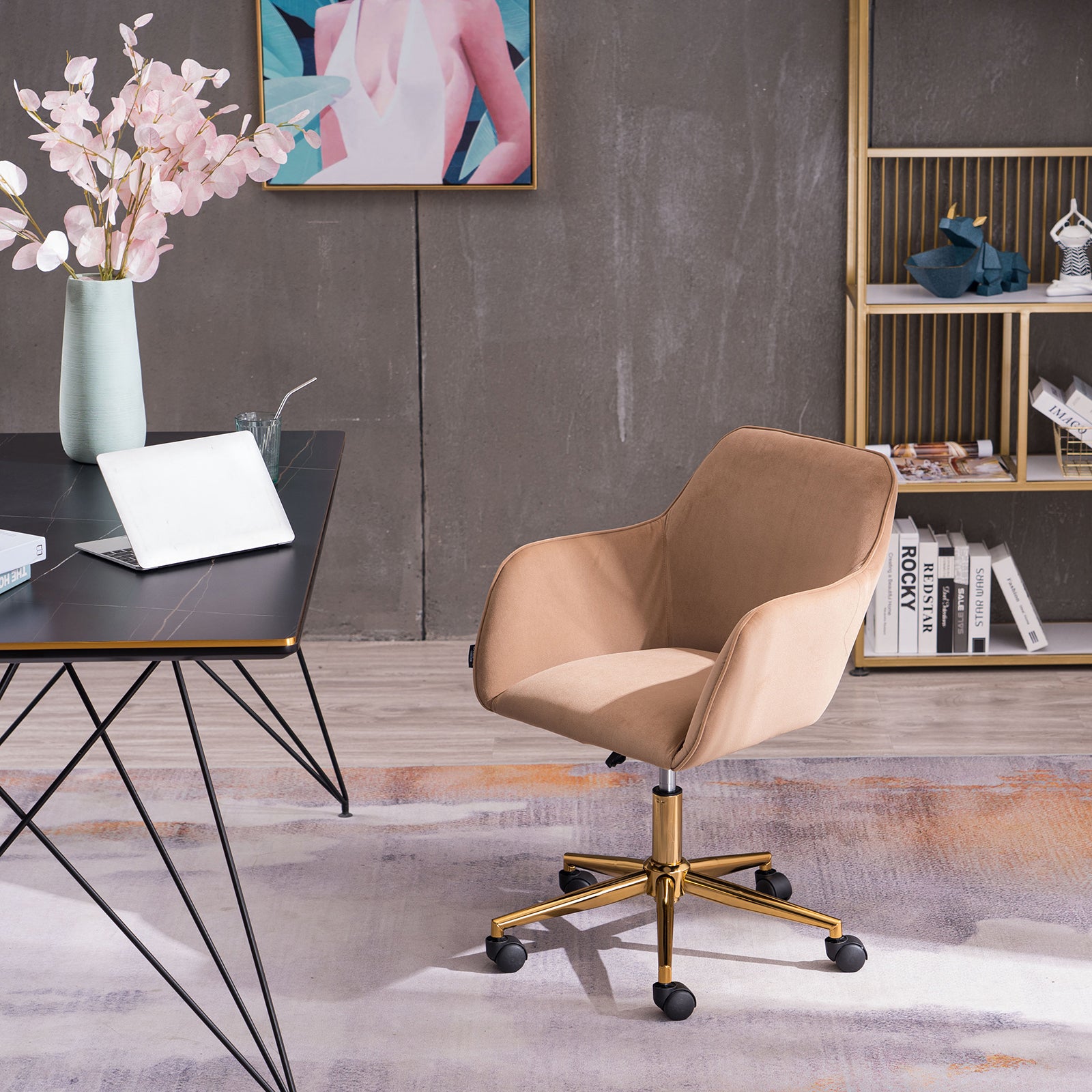 🆓🚛 Modern Velvet Fabric Material Adjustable Height 360 Revolving Home Office Chair With Gold Metal Legs and Universal Wheels for Indoor, Light Coffee Brown