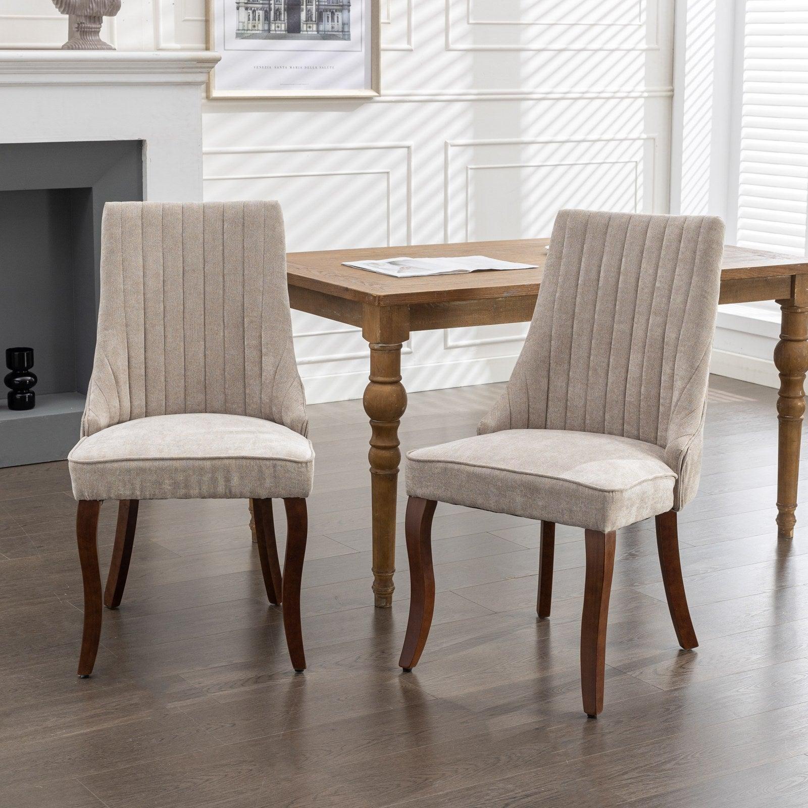 🆓🚛 Rayon Cloth Flocking Linen Dining Chairs, With Curved Solid Wood Legs, Set Of 2, Beige