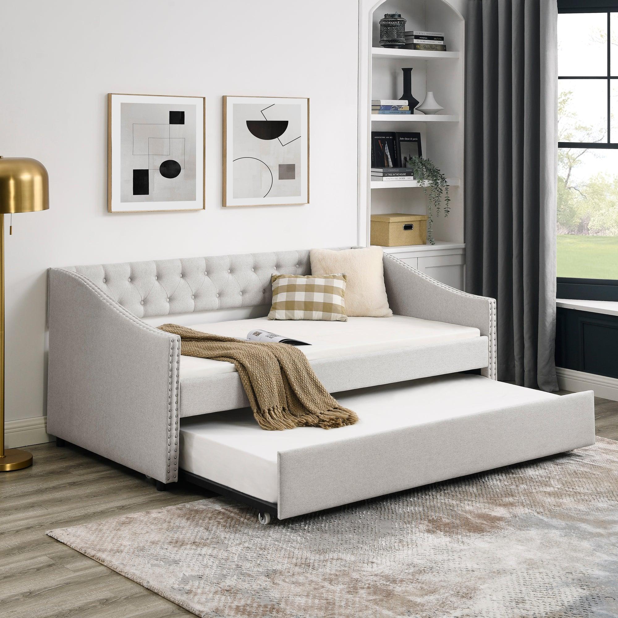 🆓🚛 Twin Size Daybed With Twin Size Trundle Upholstered Tufted Sofa Bed, With Button On Back & Copper Nail On Waved Shape Arms, Beige (80.5" X41" X30.5" )