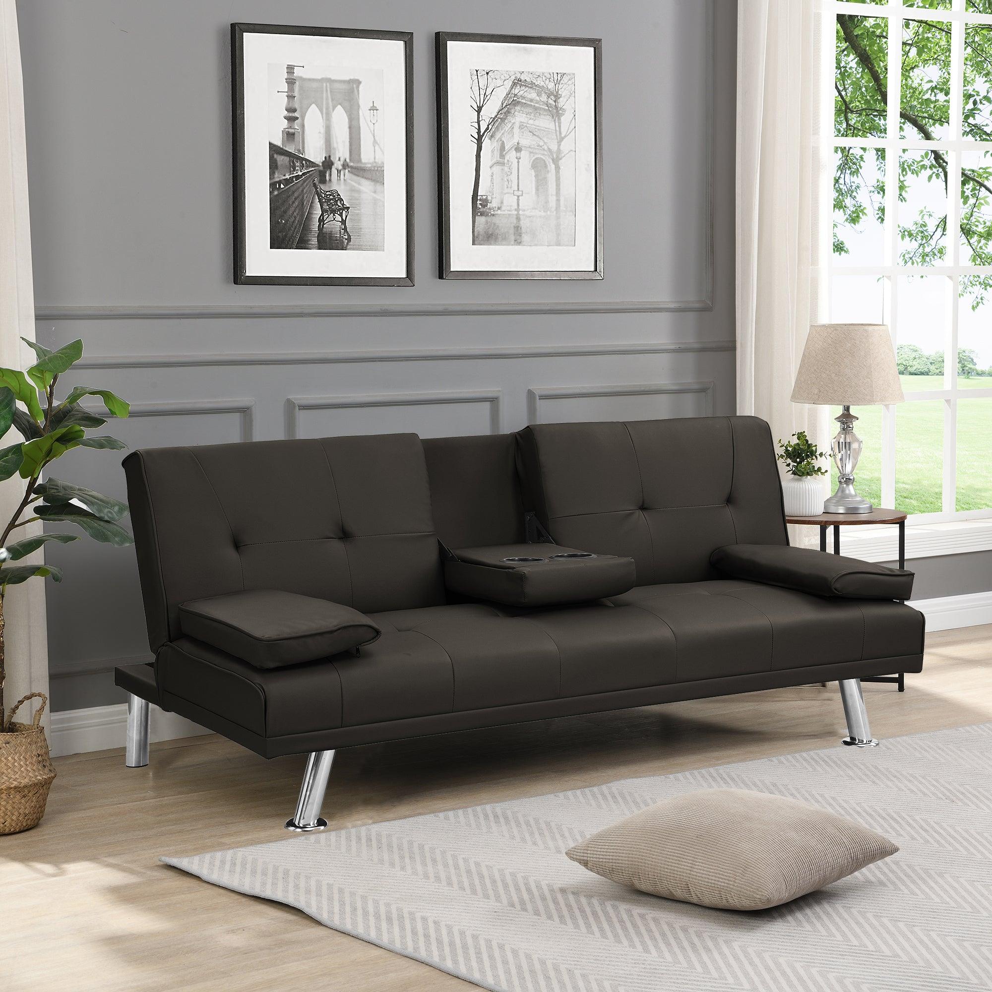 🆓🚛 Sofa Bed With Armrest Two Holders Wood Frame, Stainless Leg, Futon Brown Pvc, Dark Brown