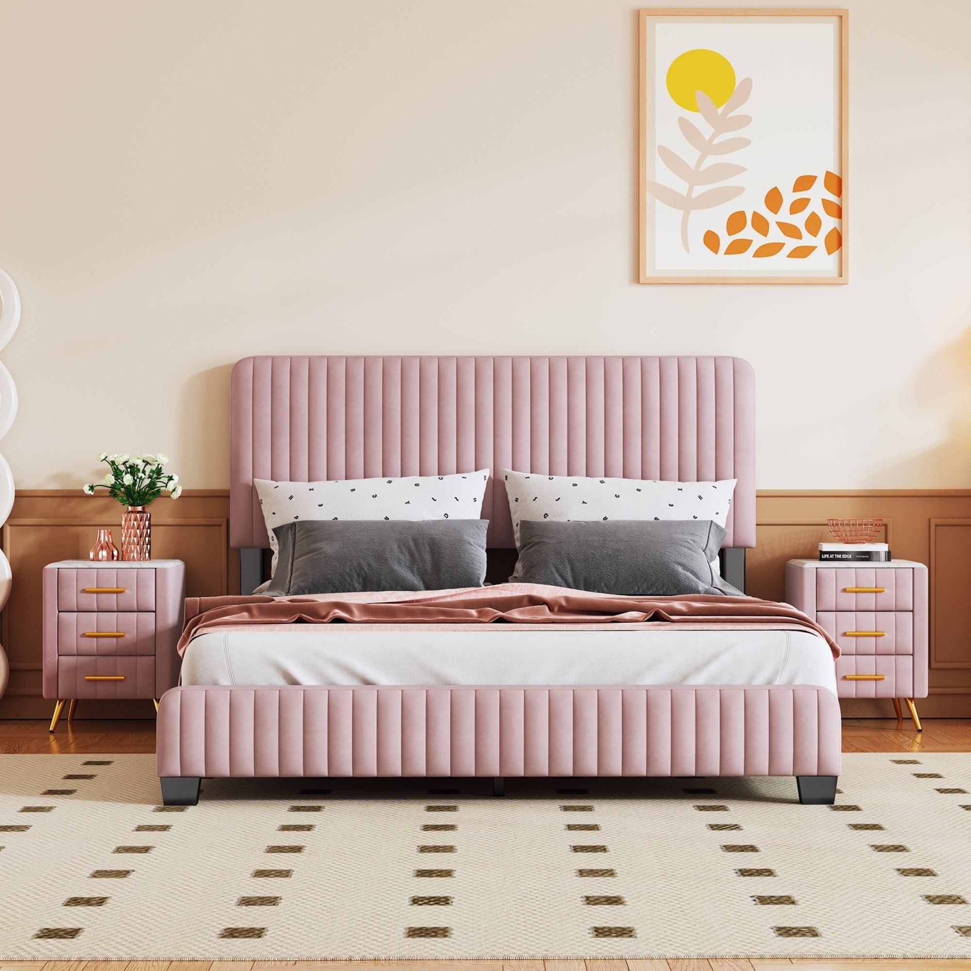 🆓🚛 3-Pieces Bedroom Sets, Queen Size Upholstered Platform Bed With Two Nightstands, Nightstands With Marbling Worktop & Metal Legs&Handles, Velvet, Pink