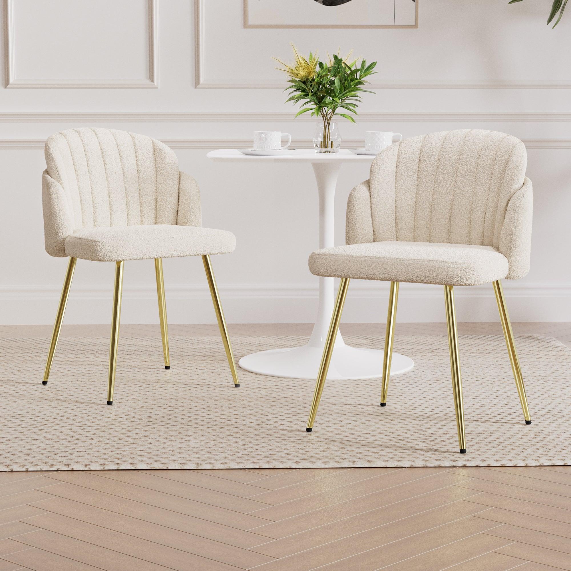 🆓🚛 Modern Simple Teddy Fleece Dining Chair Fabric Upholstered Chairs Home Bedroom Stool Back Dressing Chair Gold Metal Legs (Set Of 2)