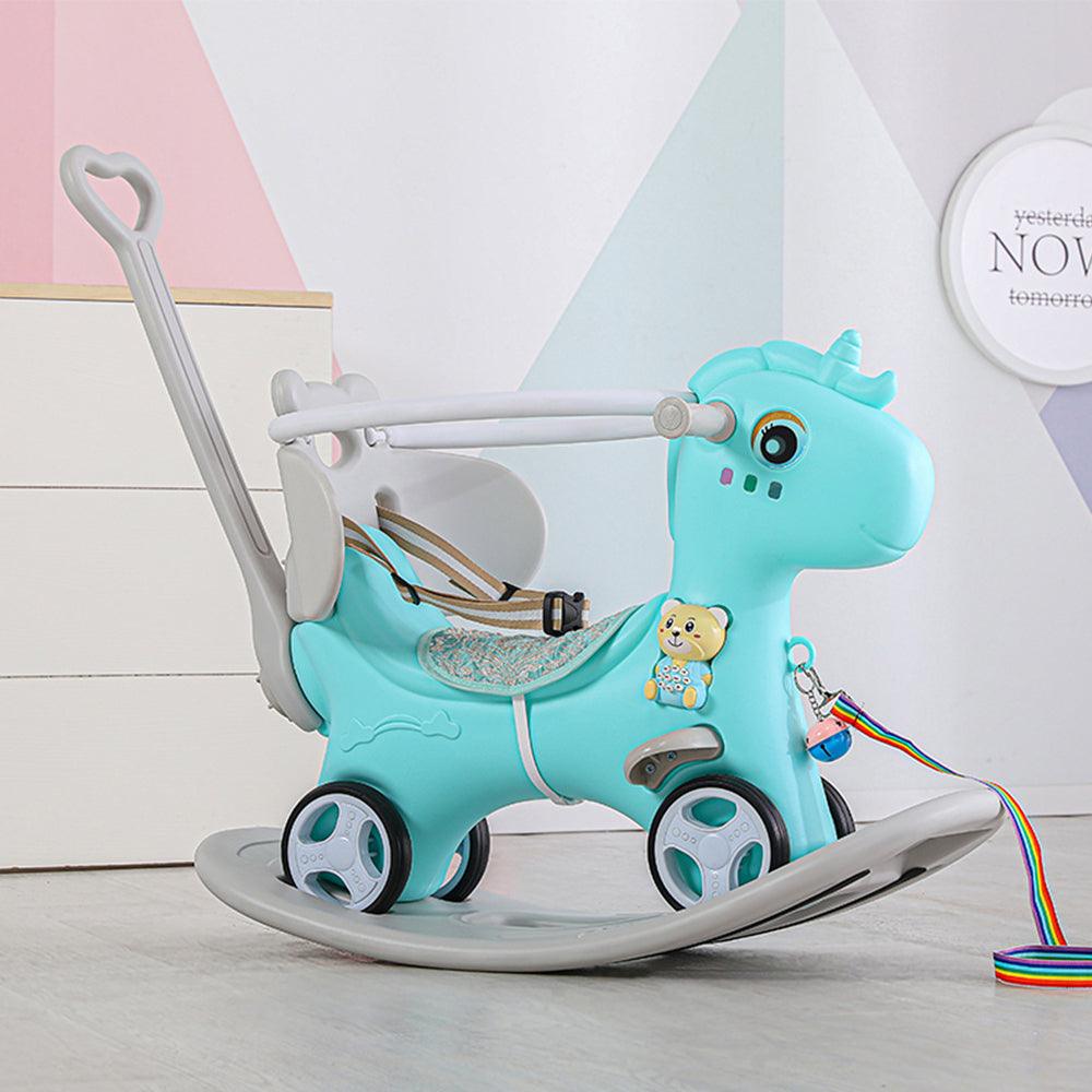 🆓🚛 Rocking Horse for Toddlers, Balance Bike Ride On Toys With Push Handle, Backrest & Balance Board for Baby Girl & Boy, Unicorn Kids Riding Birthday (Blue)